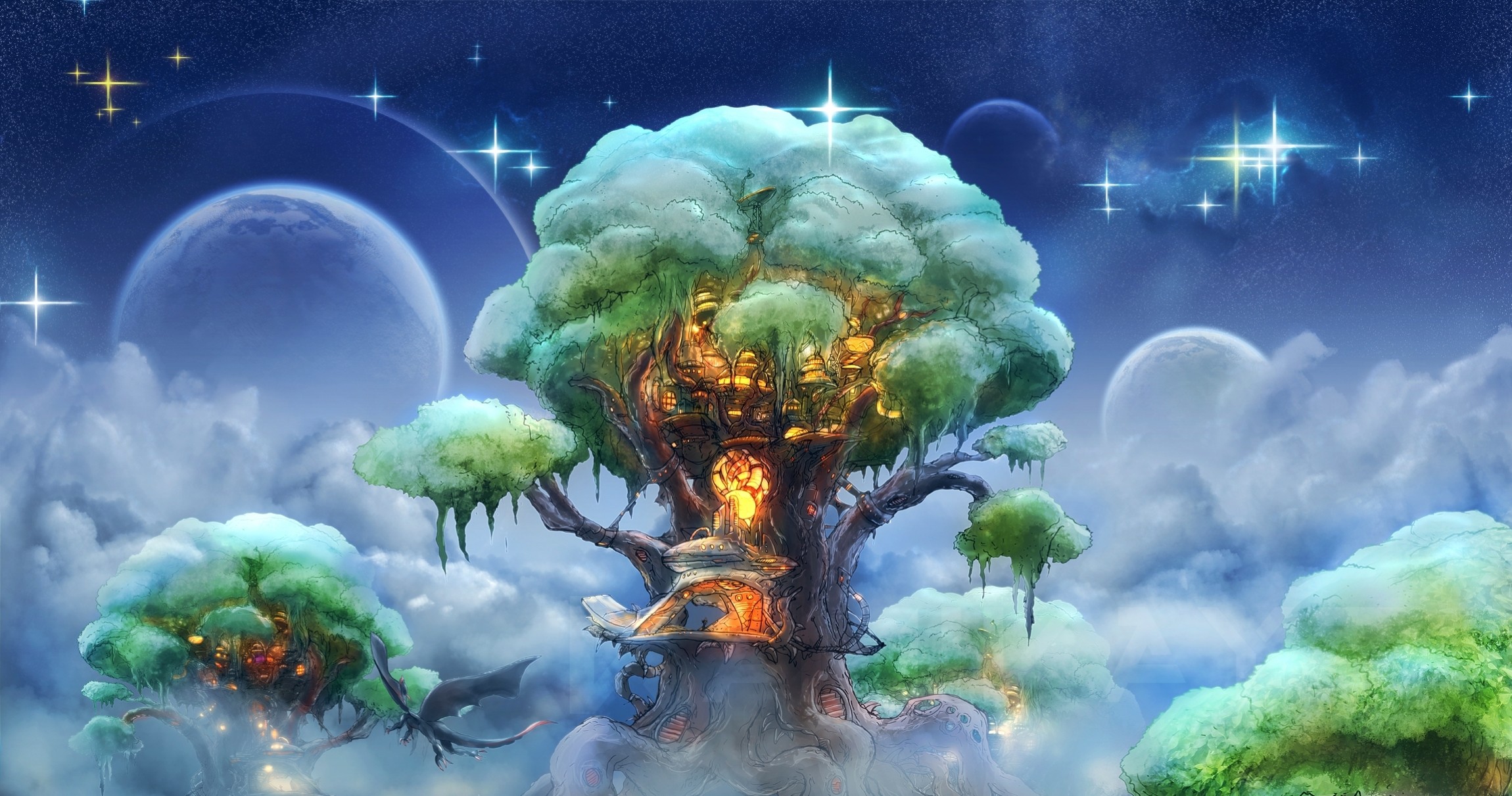 Albero magico, Casa nell'albero, Nuvole, Pianeti, Fantasy, Full HD, sfondo per PC e portatile