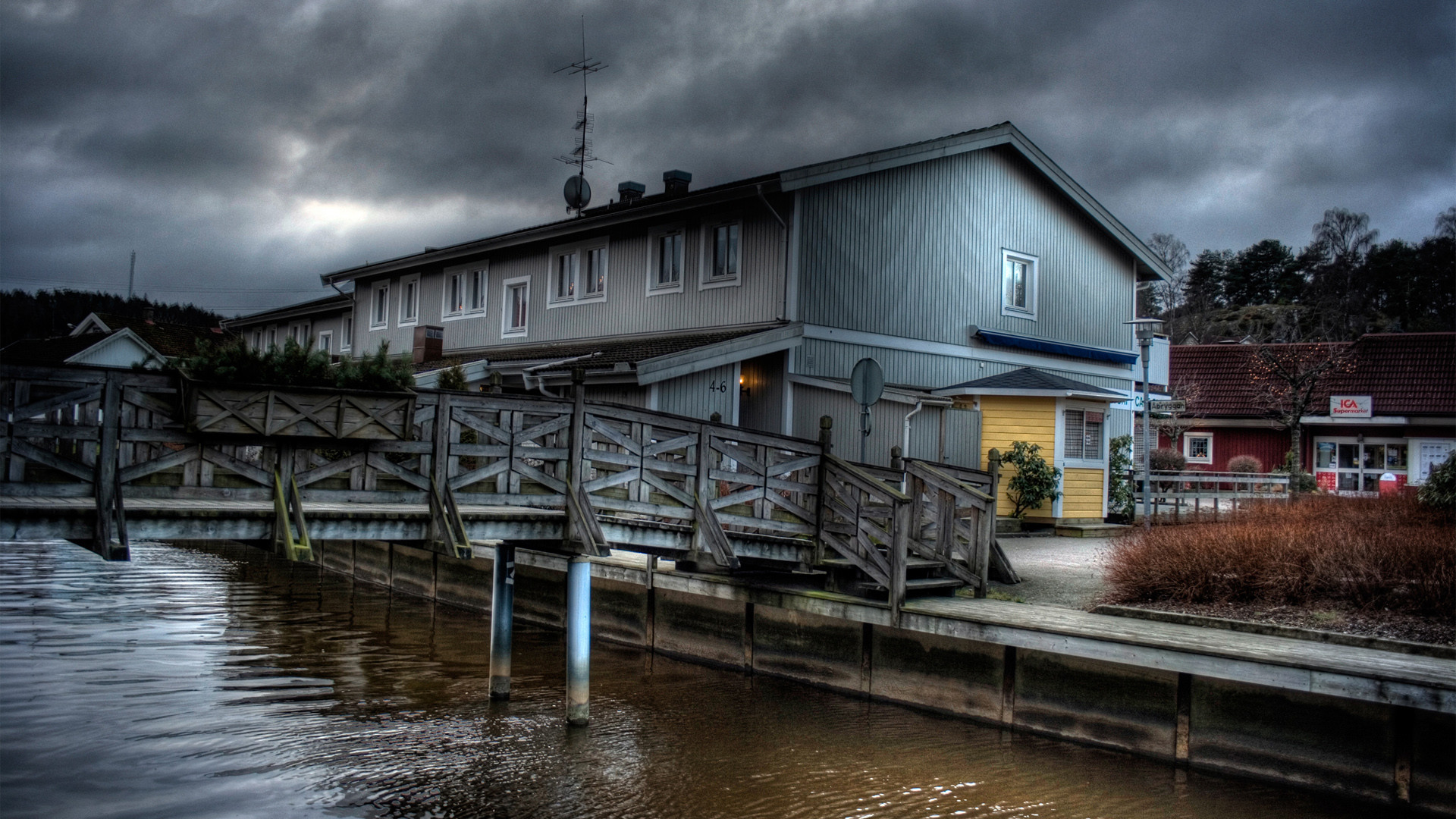 Casa sul fiume, Pontile, Nuvole, HDR, 1920x1080, wallpaper desktop