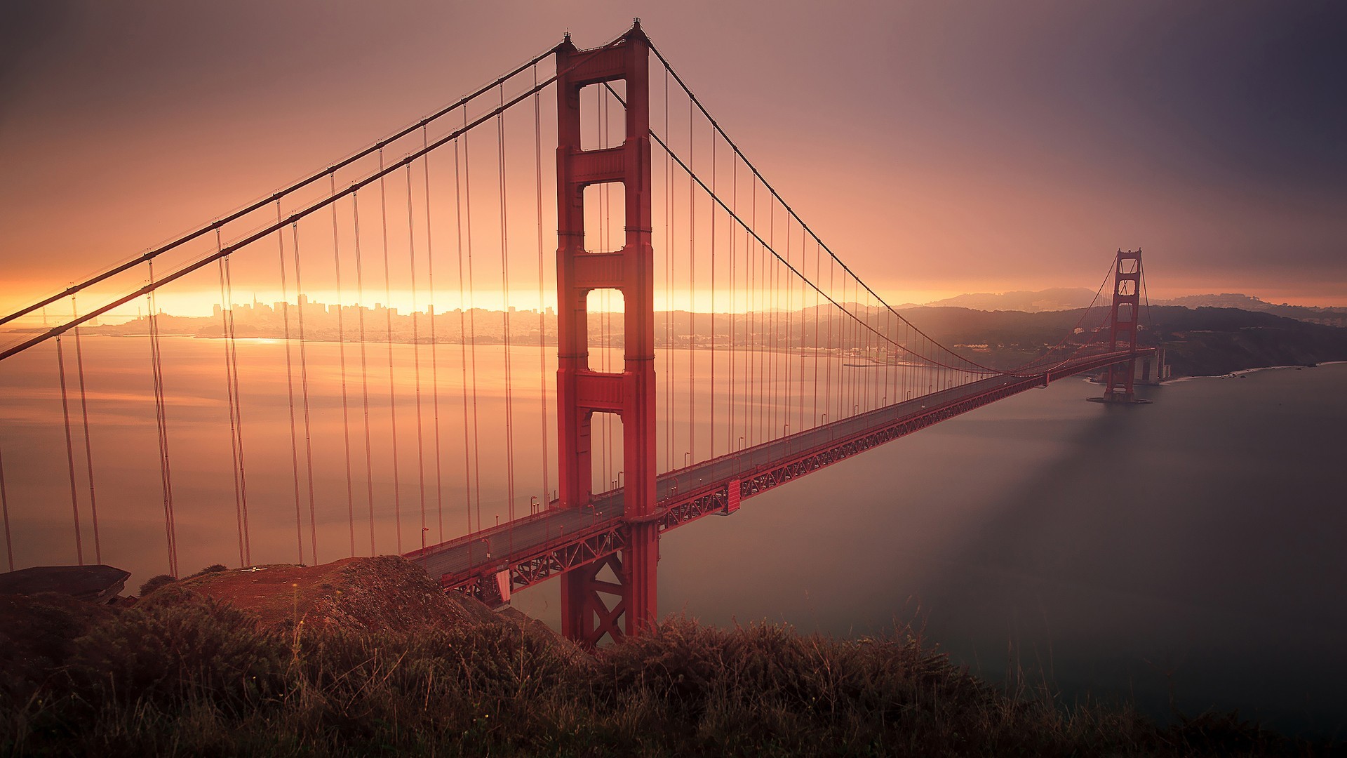 Golden Gate Bridge, San Francisco, Tramonto, Nebbia, Full HD, sfondo per PC