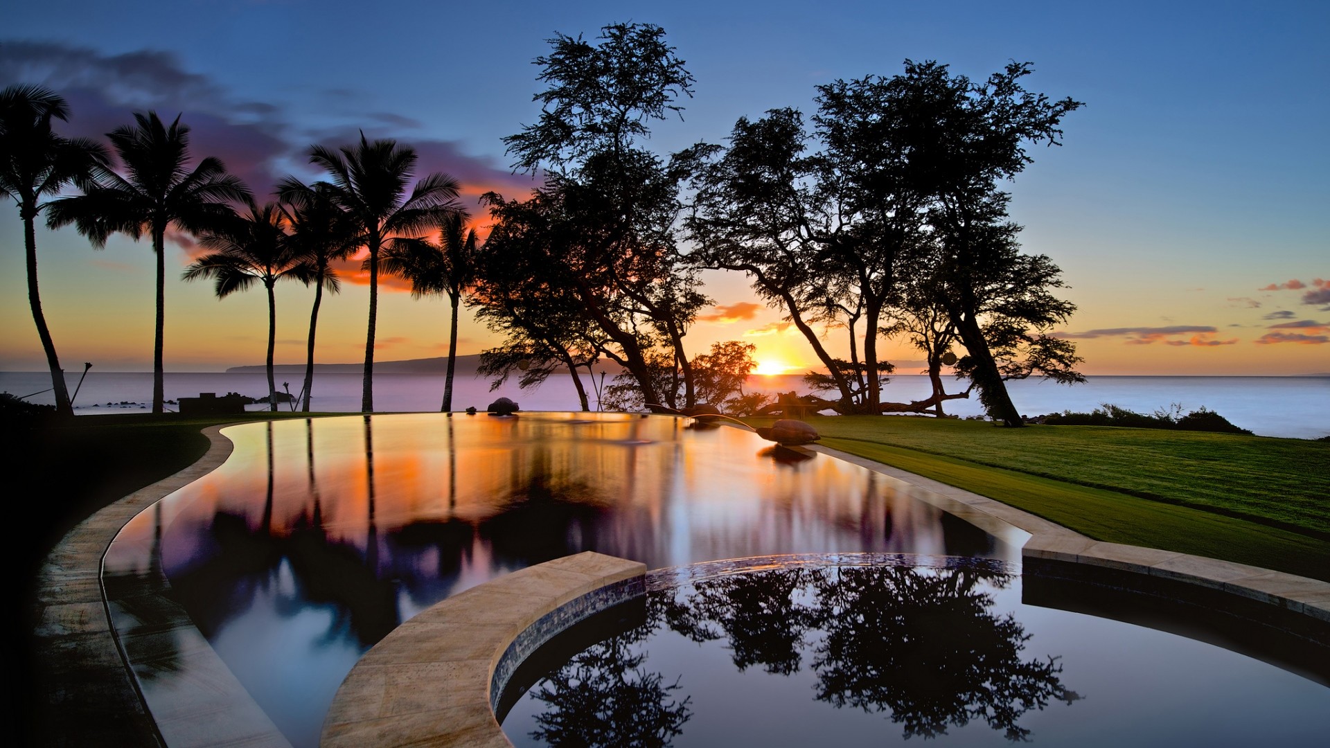 Hawaii, Piscina a sfioro, Palme, Tramonto, Riflesso, Full HD, sfondo desktop