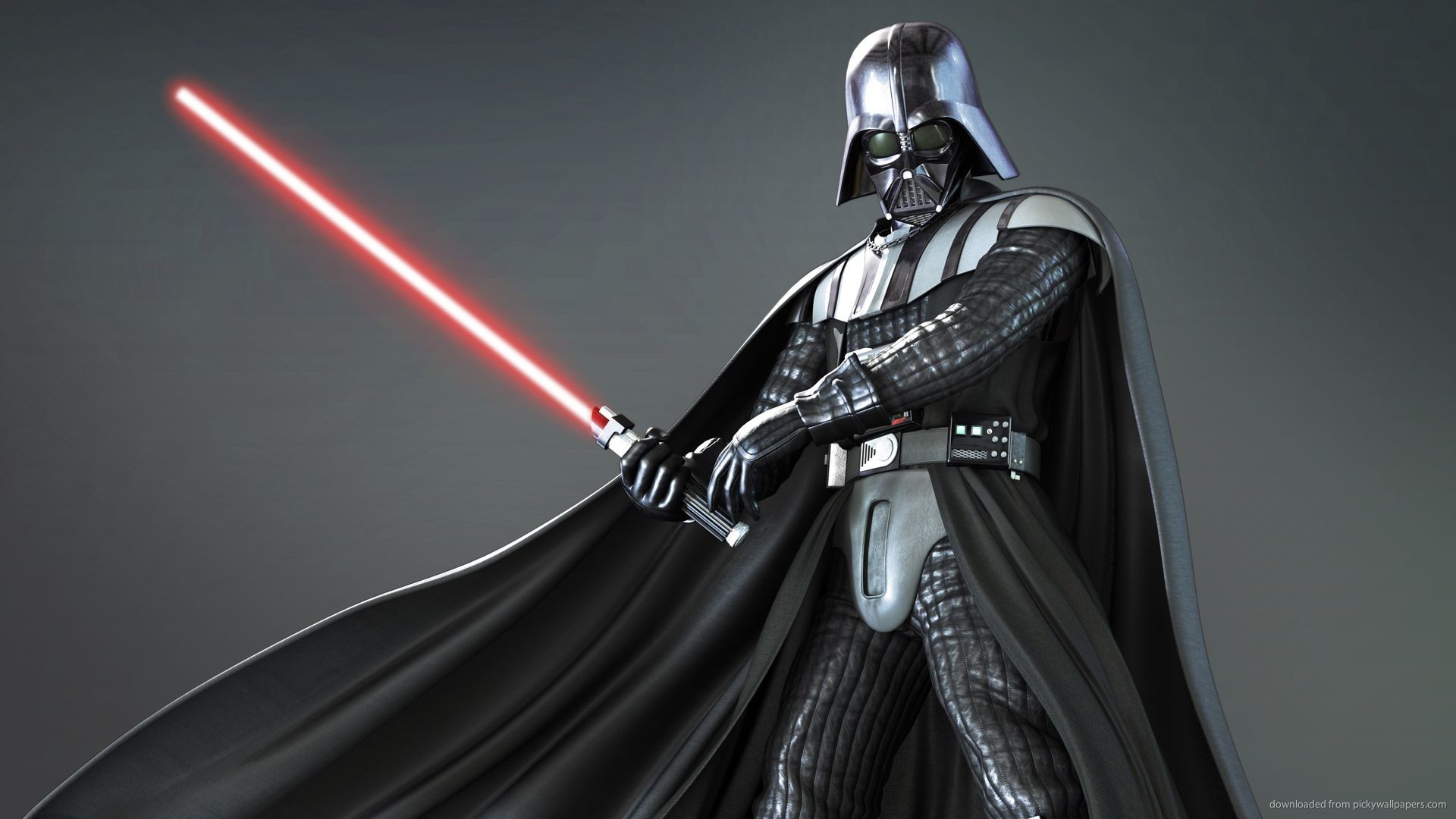 Darth Vader, Spada laser rossa, Mantello, Sfondo grigio, Full HD, wallpaper per portatile