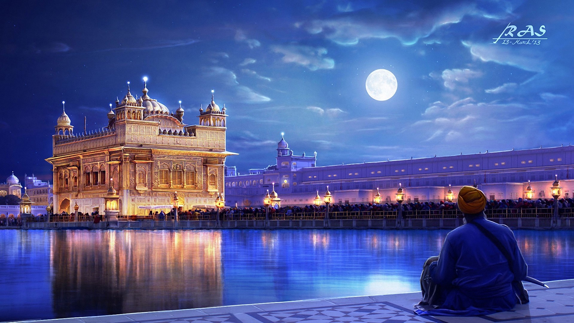 Tempio d'Oro, Amritsar, India, Notte, Luna, 1920x1080, sfondo per PC