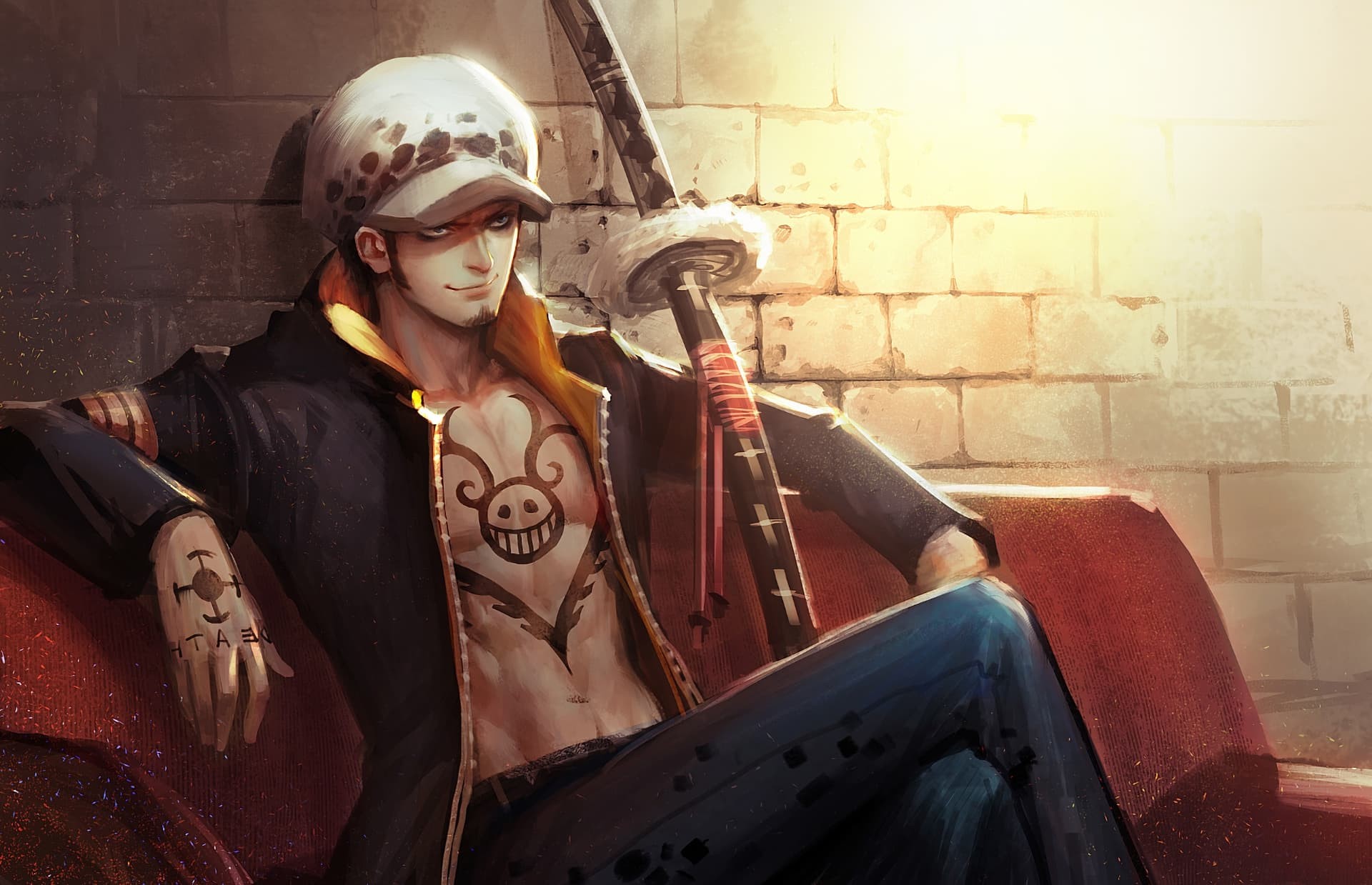 Trafalgar Law, One Piece, Kikoku, Tatuaggi, Muro di mattoni, Full HD, sfondo desktop