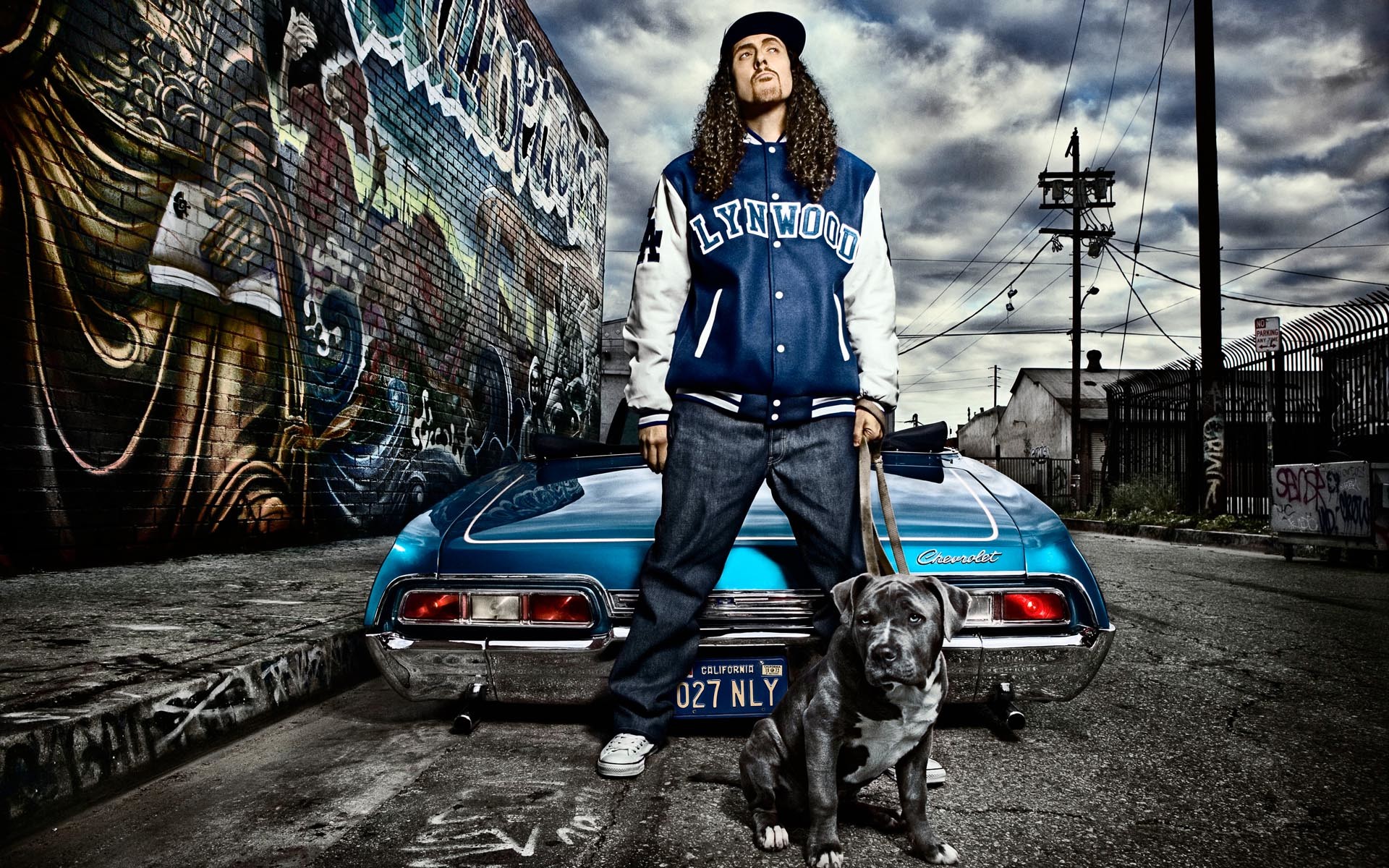 Rapper, Auto d'epoca, Pitbull, Graffiti, Strada, 16:10 Full HD, sfondo widescreen