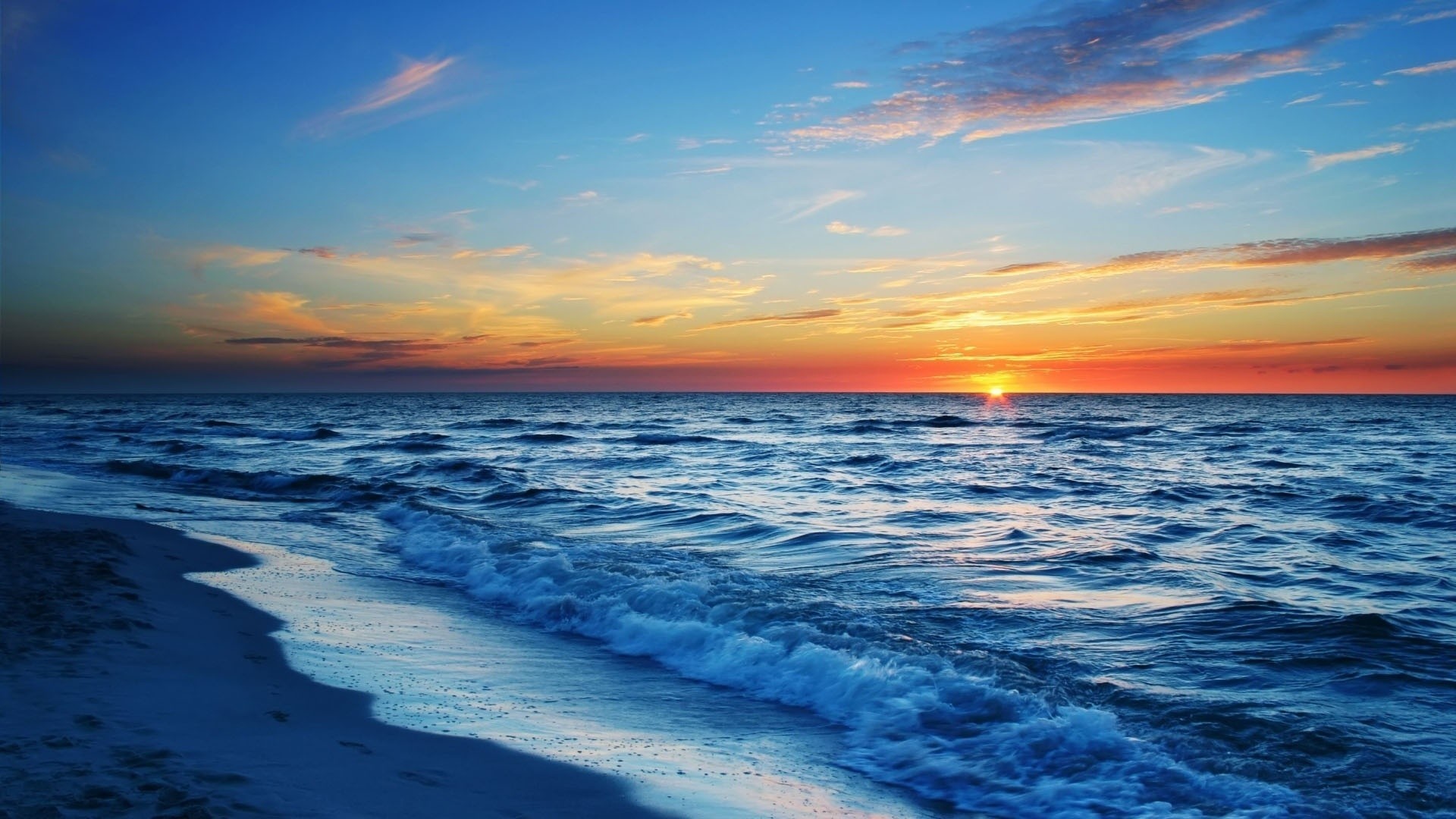 Spiaggia, Onde, Tramonto, Oceano, Full HD 1080p, sfondo desktop