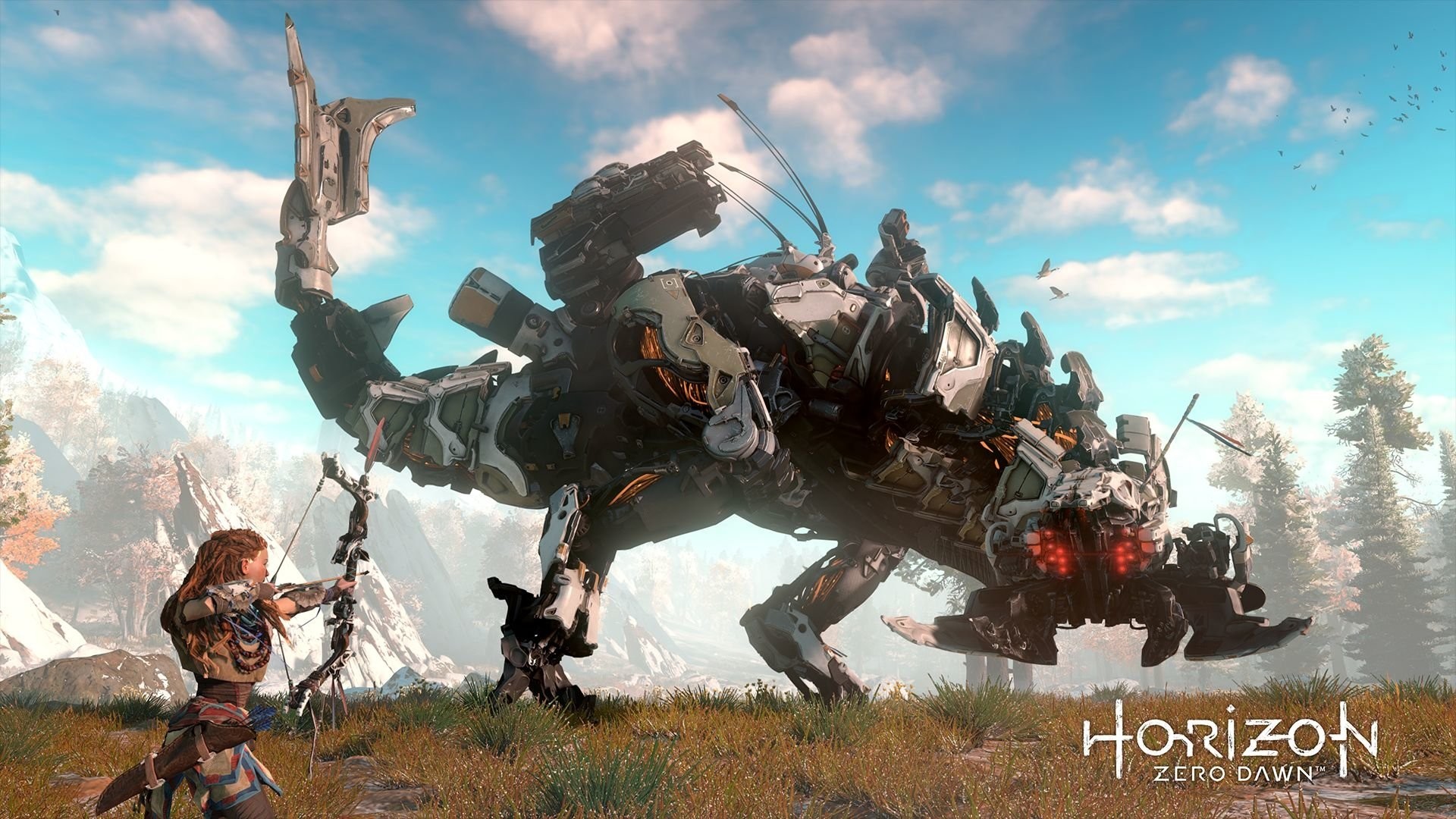 Aloy, Horizon Zero Dawn, Thunderjaw, Arco, Full HD, sfondo Windows 11