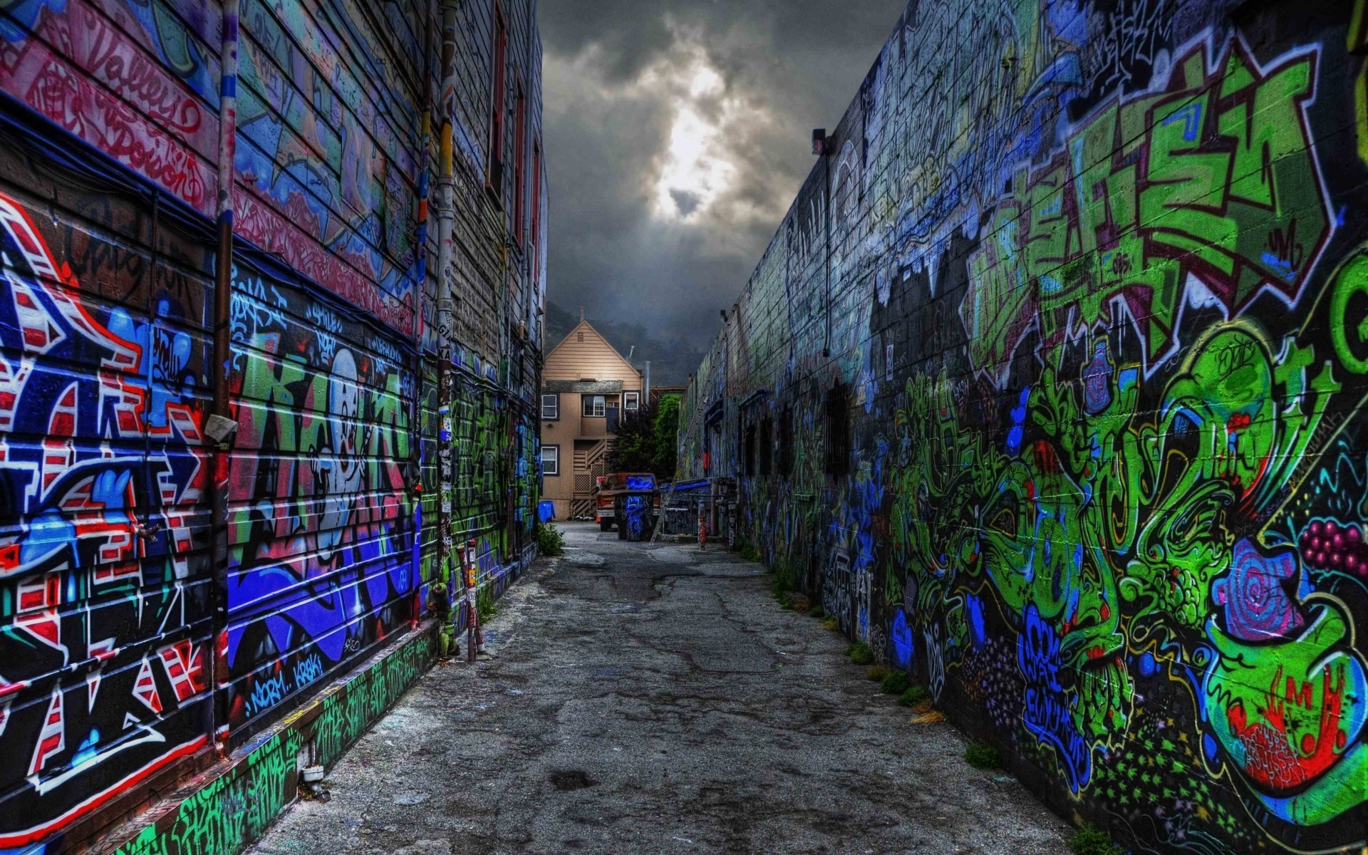 Graffiti, Vicolo, Street art, Cielo nuvoloso, 1920x1200, sfondo per PC