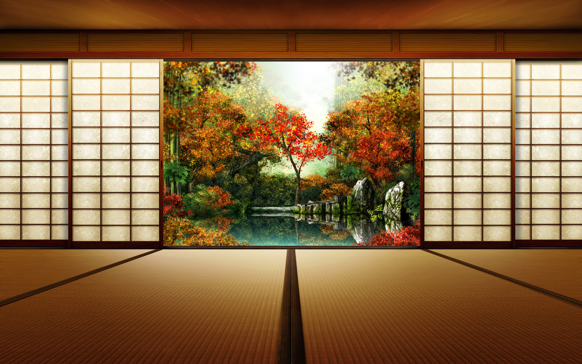 Stanza tatami, Shoji, Giardino giapponese, Autunno, Full HD, sfondo per PC e portatile