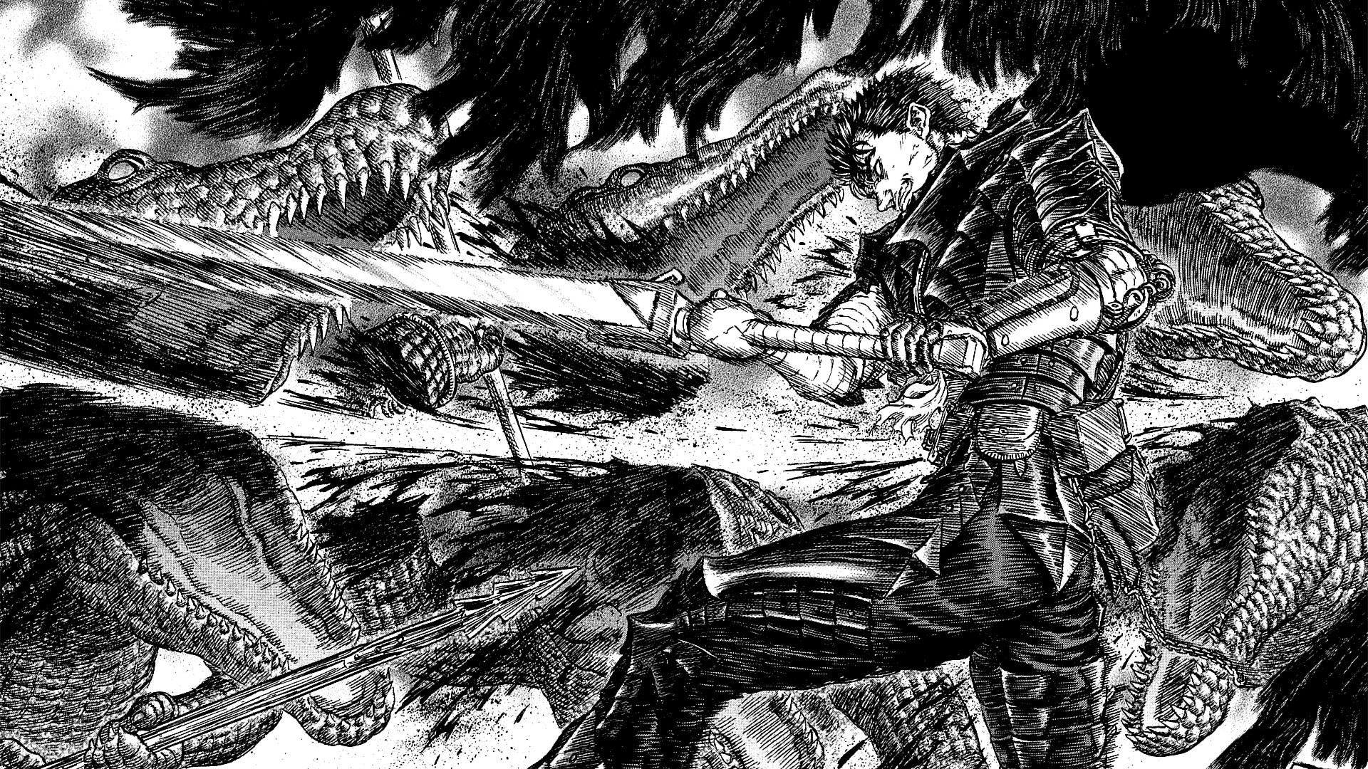 Gatsu, Berserk, Manga, Combattimento, Bianco e nero, Full HD, sfondo per PC e portatile