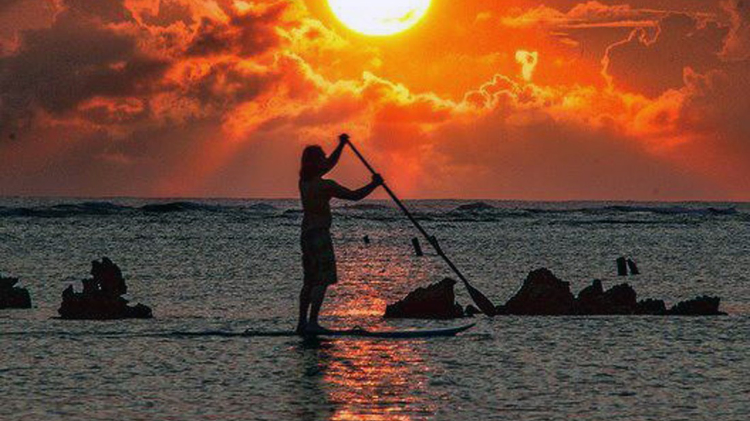 Sole, Paddle surf, Tramonto, Silhouette, Full HD, sfondo desktop