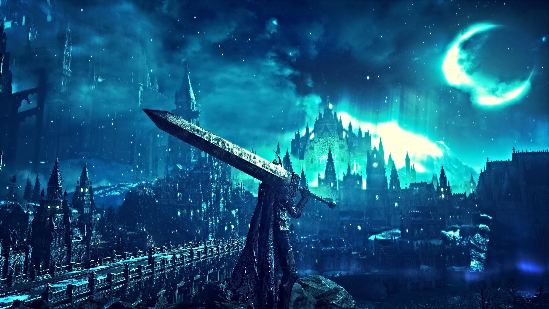 Dark Souls III, Irithyll, Spada gigante, Luna, Blu, Full HD, sfondo Windows 11