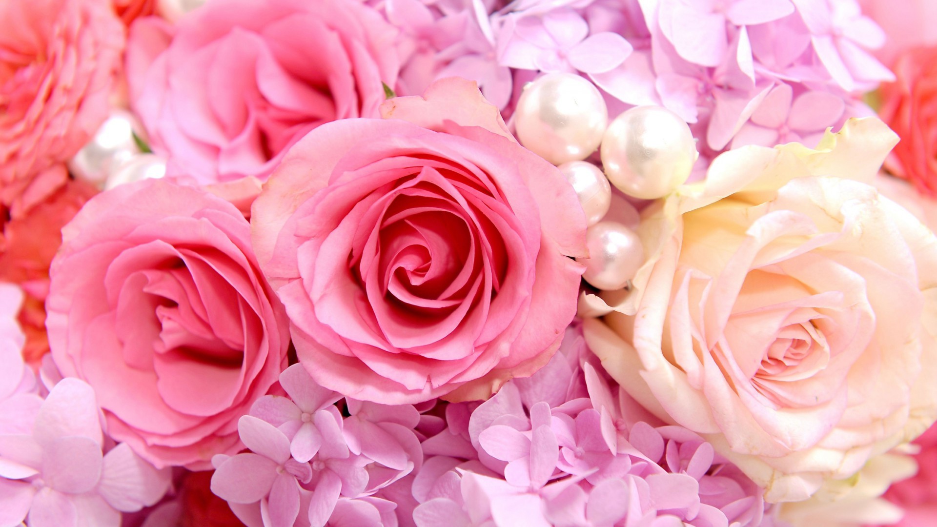Rose rosa, Perle, Ortensie, Bouquet, 1920x1080, wallpaper desktop