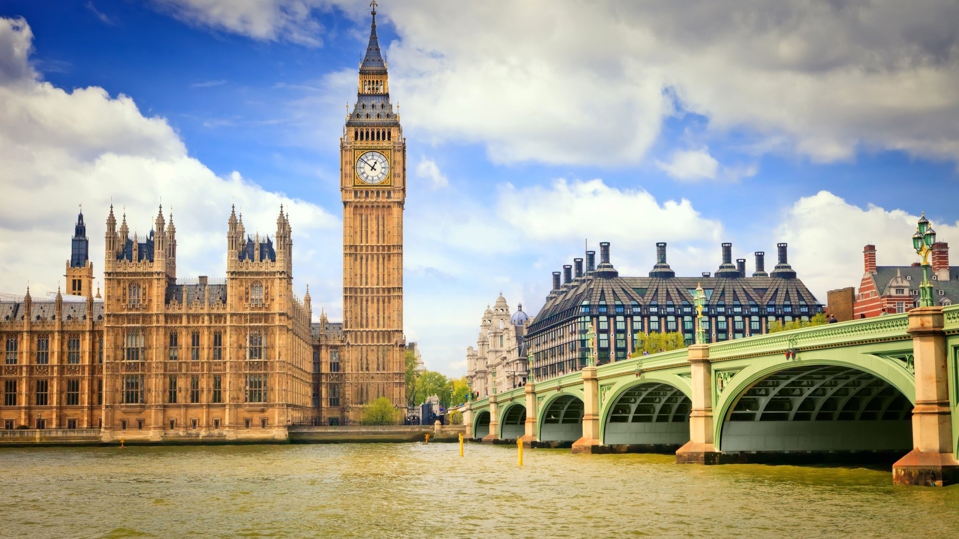 Big Ben, Palazzo di Westminster, Westminster Bridge, Londra, Cielo nuvoloso, sfondo 1080p