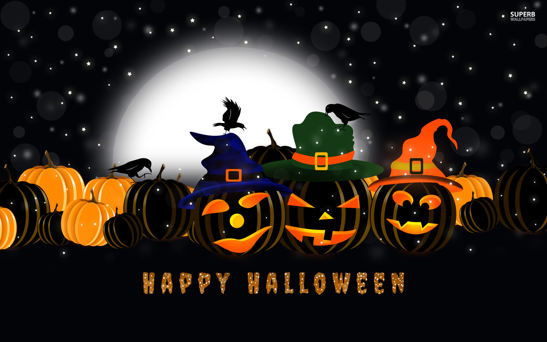 Jack-o'-lantern, Cappelli da strega, Happy Halloween, Luna piena, Corvi, sfondo 1920x1200 per PC