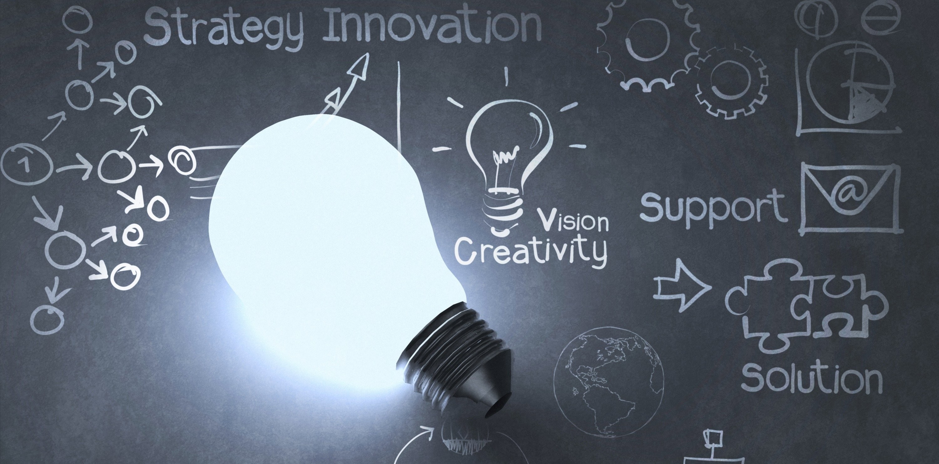 Lampadina, Lavagna, Innovazione, Idee, 2K, sfondo per PC e portatile