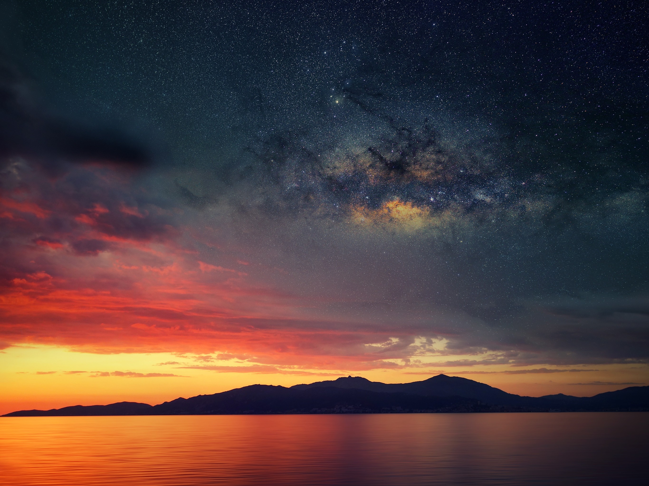 Via Lattea, Tramonto, Montagne, Cielo stellato, sfondo per iPad