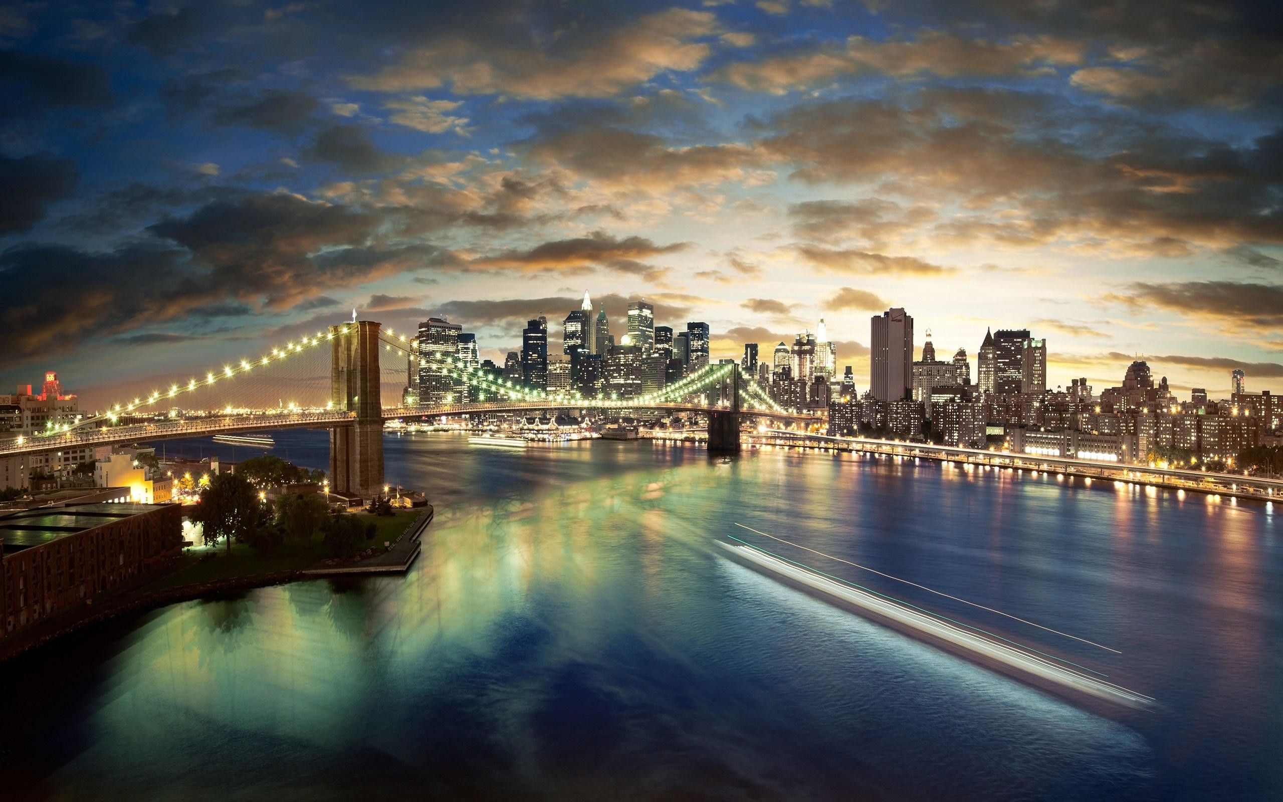 Ponte di Brooklyn, New York, East River, Crepuscolo, Lunga esposizione, wallpaper Windows 11