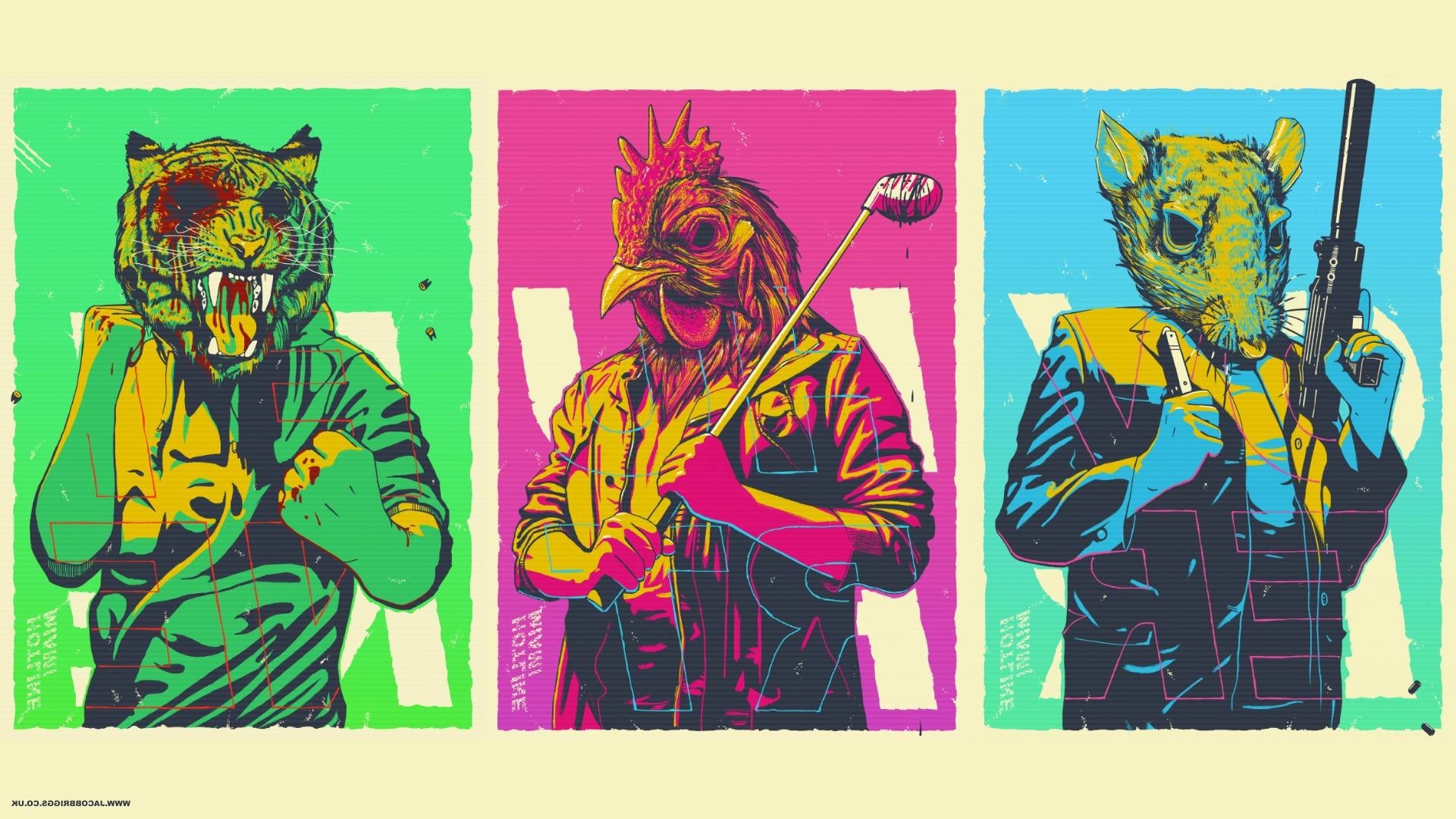 Hotline Miami, Tony, Richard, Rasmus, Maschere animali, Trittico, sfondo Full HD per portatile