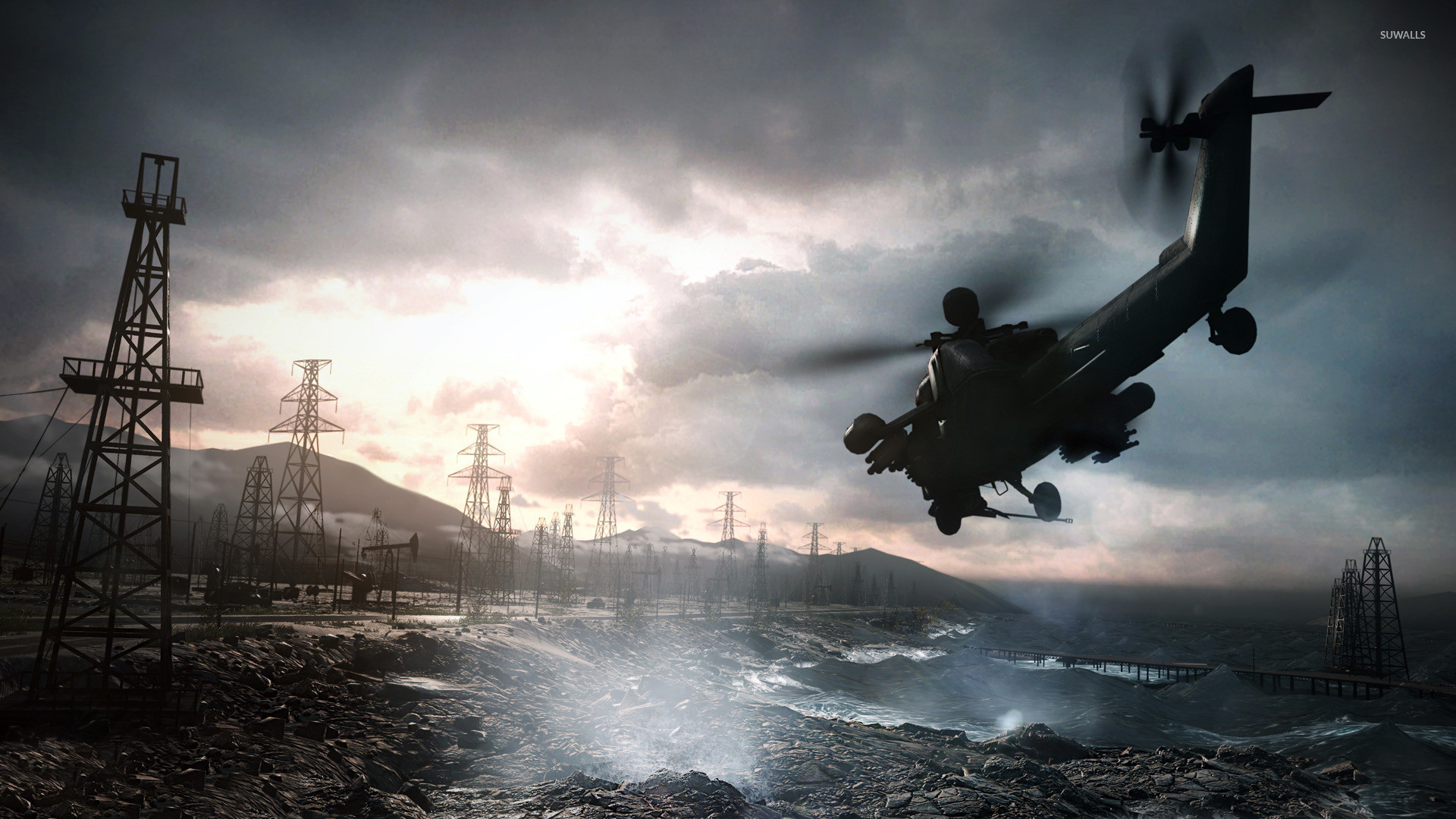 Battlefield 4, Elicottero d'attacco, Tralicci, Tempesta, Cielo nuvoloso, sfondo 16:9 Full HD