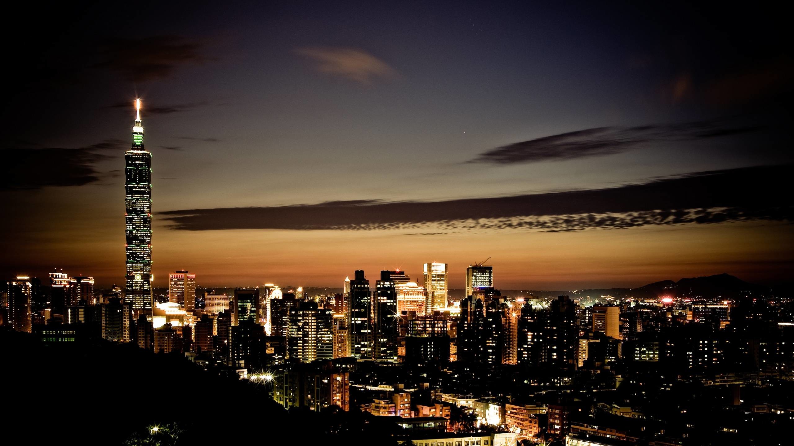 Taipei 101, Taipei, Skyline, Notte, 2K, wallpaper iMac