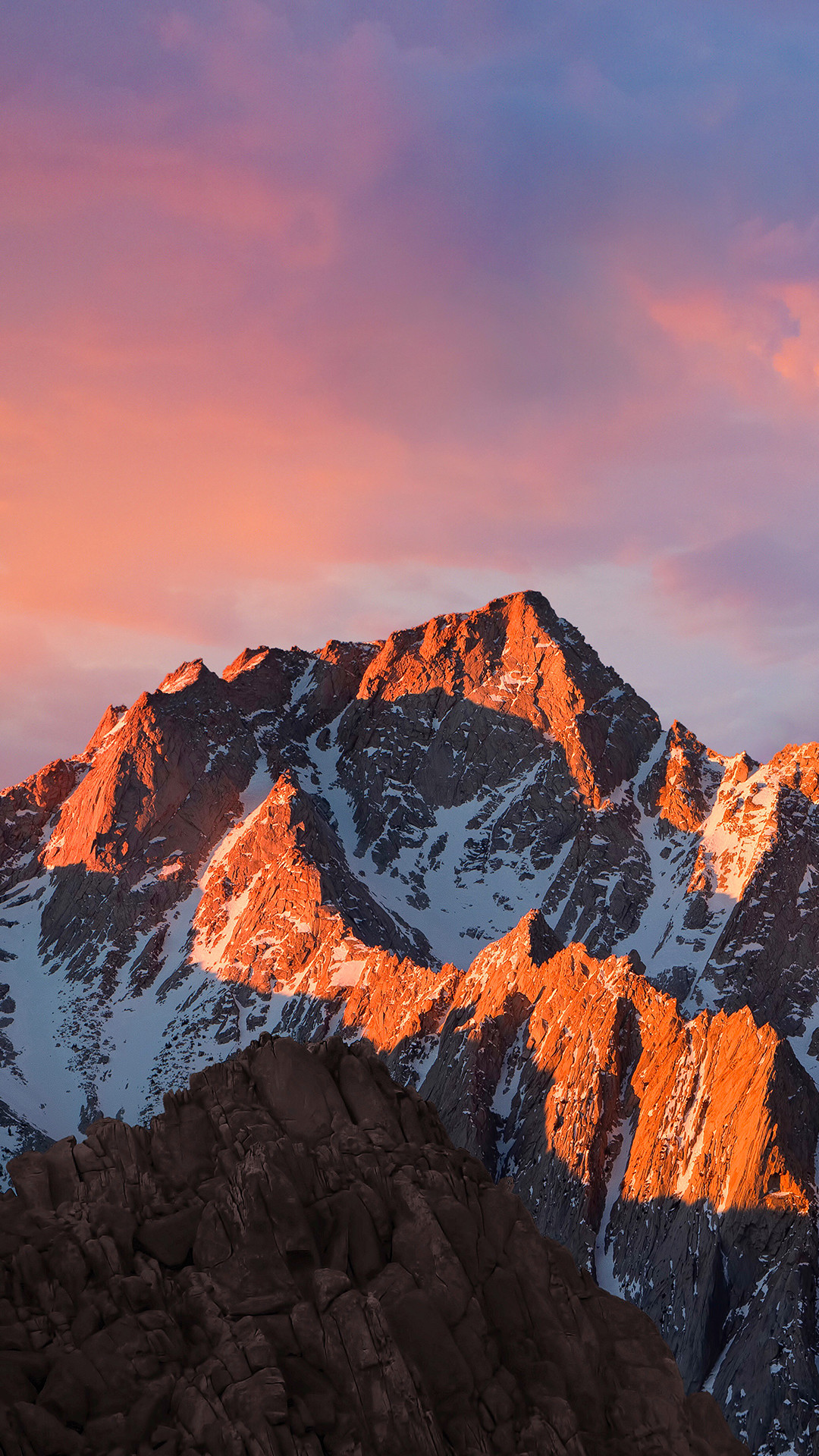 macOS Sierra, Montagne, Tramonto, Vette innevate, Full HD, sfondo per iPhone e Android