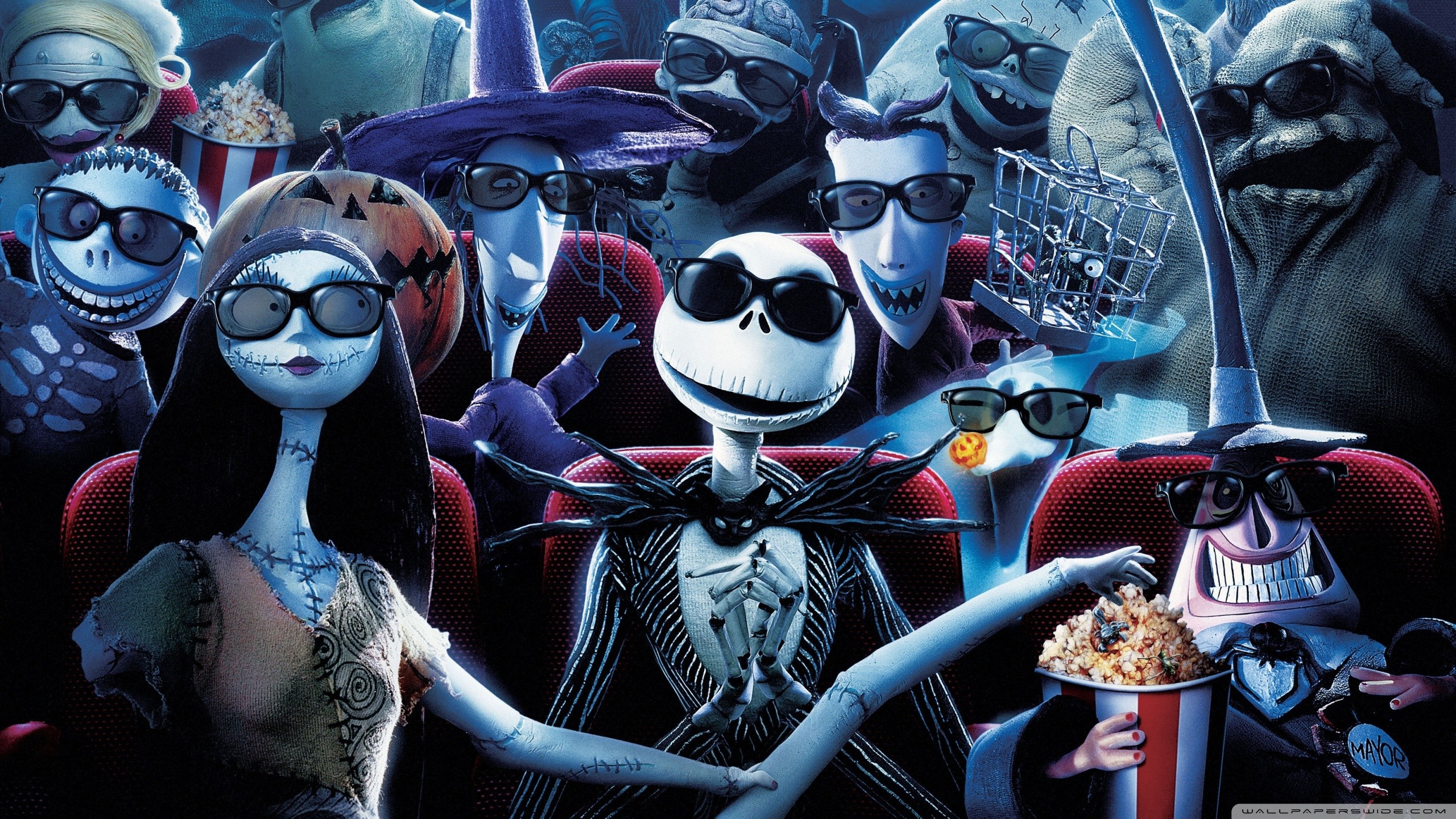 Jack Skellington, Sally, Nightmare Before Christmas, Cinema, Occhiali 3D, Popcorn, sfondo 1440p