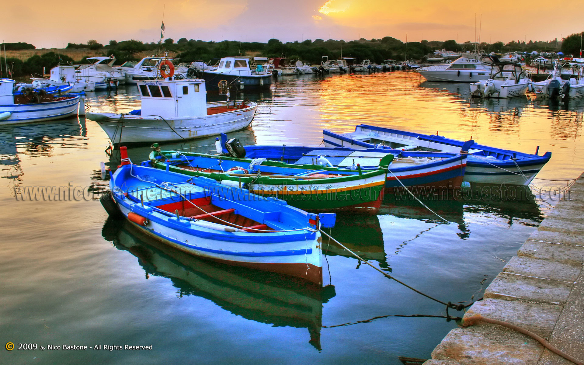 Barche da pesca, Porto, Tramonto, Riflesso, Full HD, sfondo per desktop