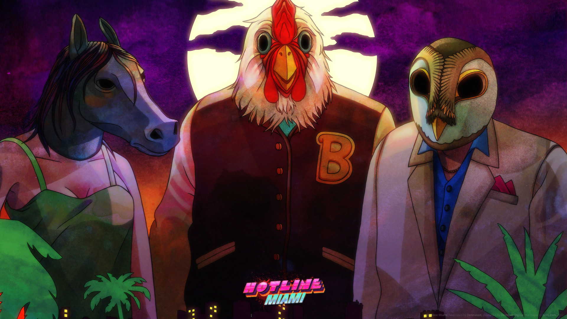 Hotline Miami, Don Juan, Richard, Rasmus, Maschere animali, Luna, sfondo desktop 1080p