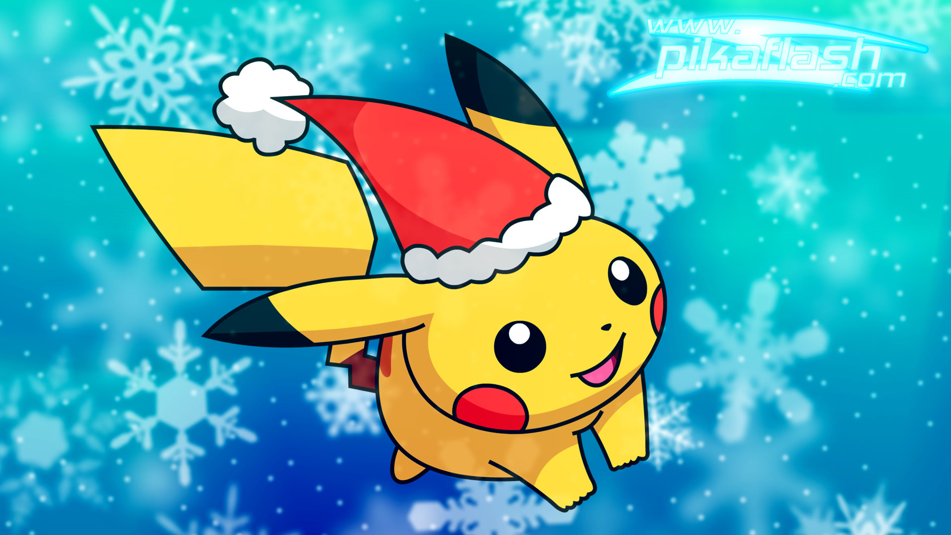 Pikachu, Pokémon, Natale, Cappello di Babbo Natale, Fiocchi di neve, sfondo desktop Full HD