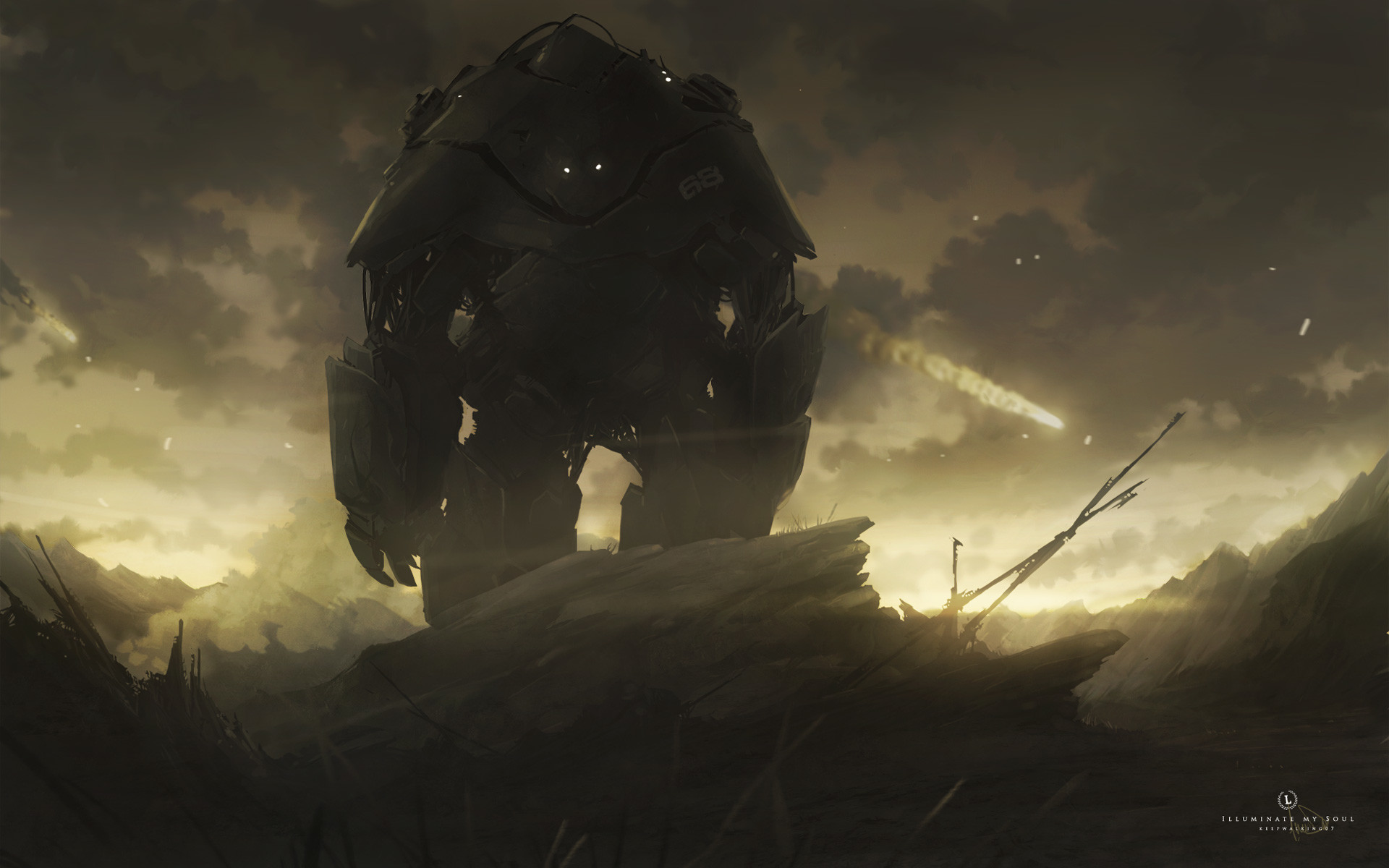 Robot gigante, Rovine, Arte concettuale, Nuvole, 1920x1200, sfondo per PC