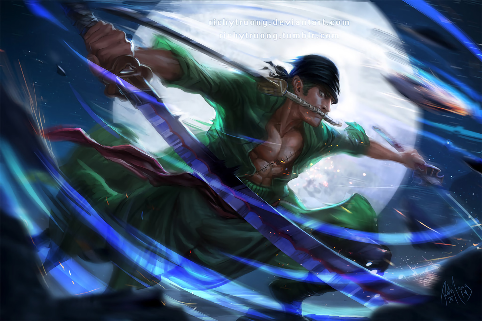 Roronoa Zoro, One Piece, Santoryu, Luna, Scie blu, Full HD, sfondo Windows 11