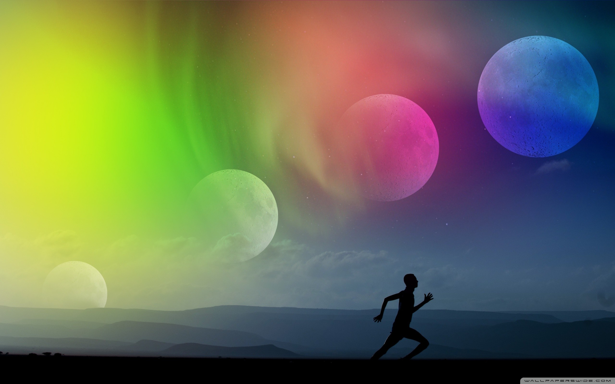 Corridore, Silhouette, Pianeti, Aurora, Surreale, 2K 1600p, sfondo desktop