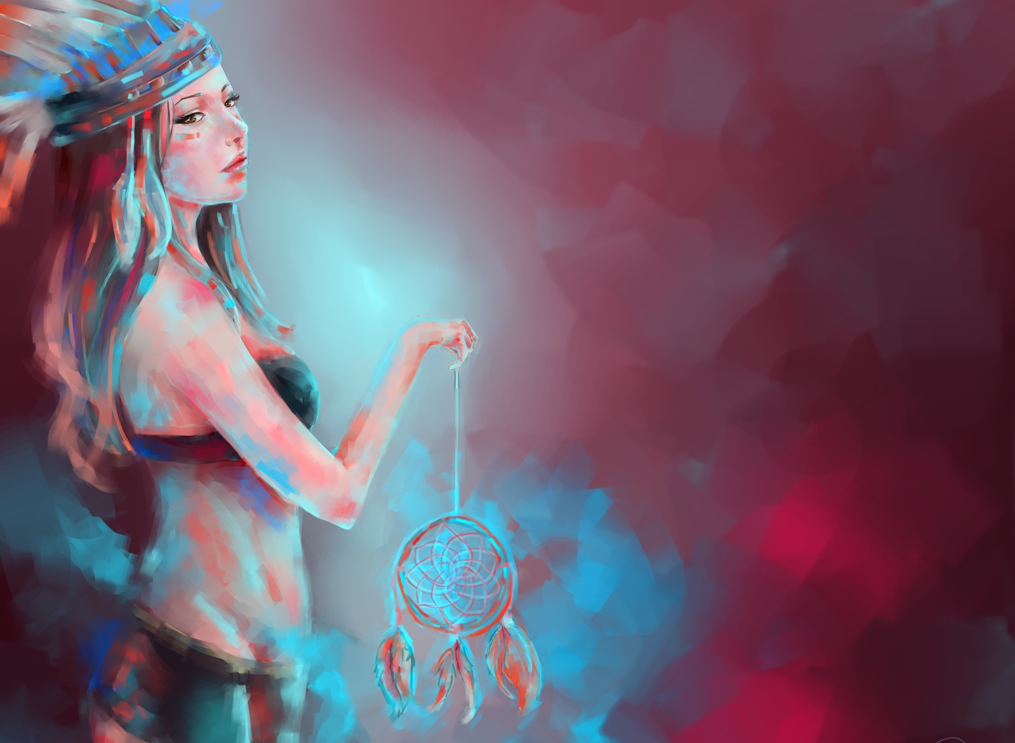 Acchiappasogni, Ragazza nativa americana, Pittura digitale, Full HD, sfondo per PC