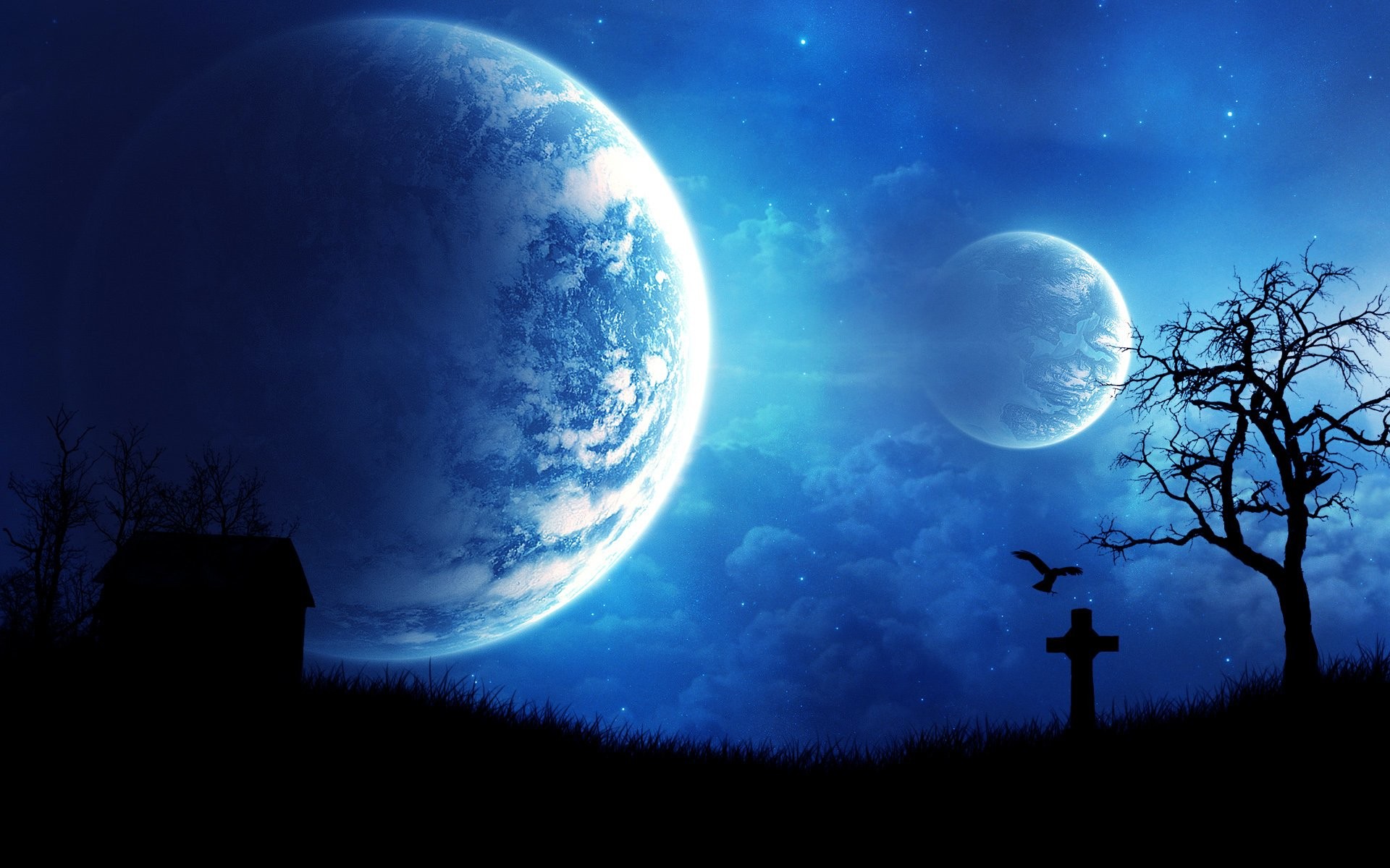 Pianeti, Albero spoglio, Croce, Notte blu, Arte digitale, Full HD, sfondo per portatile
