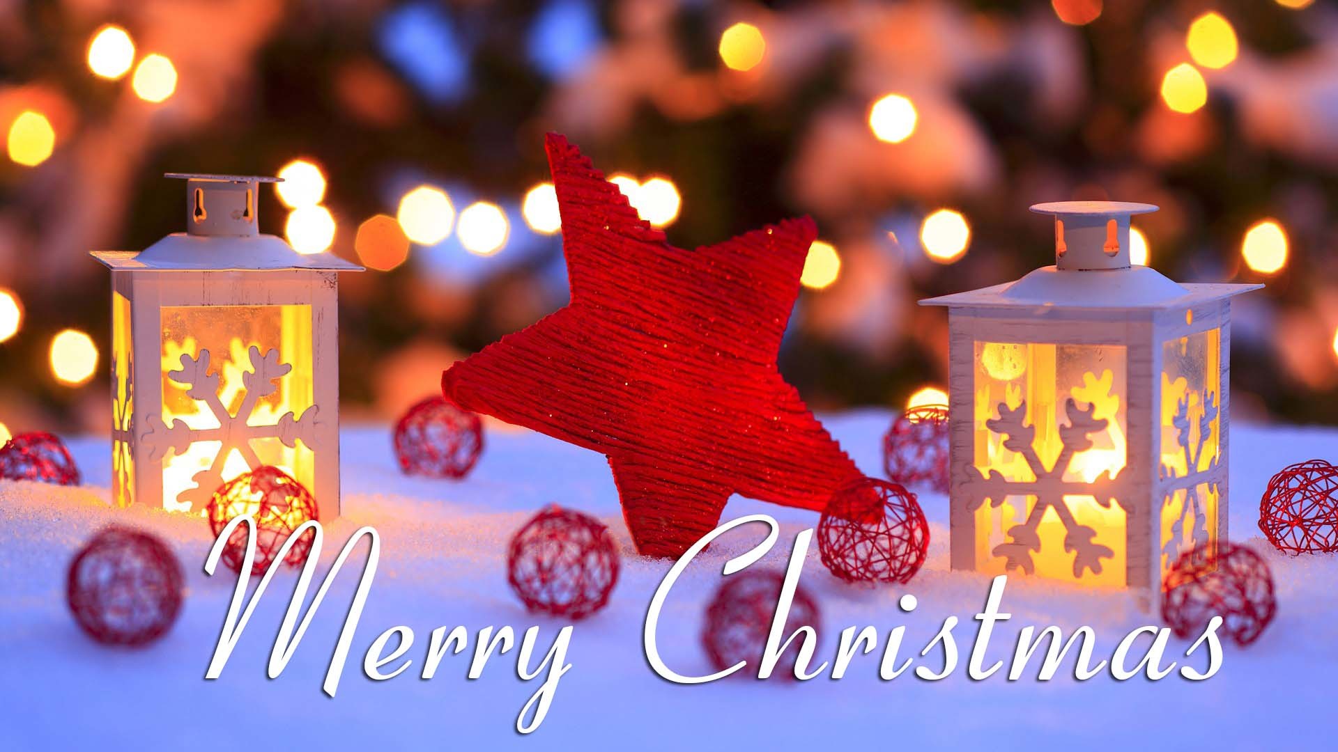 Merry Christmas, Lanterne, Stella rossa, Neve, Bokeh, Full HD, sfondo per PC e portatile