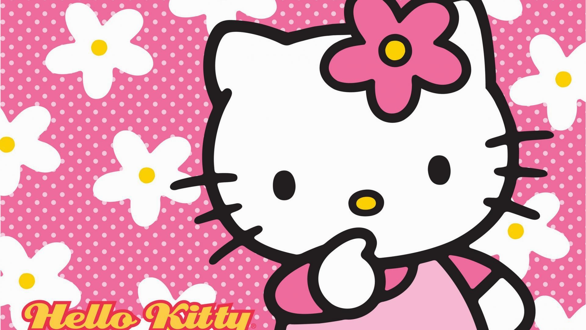 Hello Kitty, Sanrio, Fiori bianchi, Pois, Primo piano, Full HD, wallpaper per PC