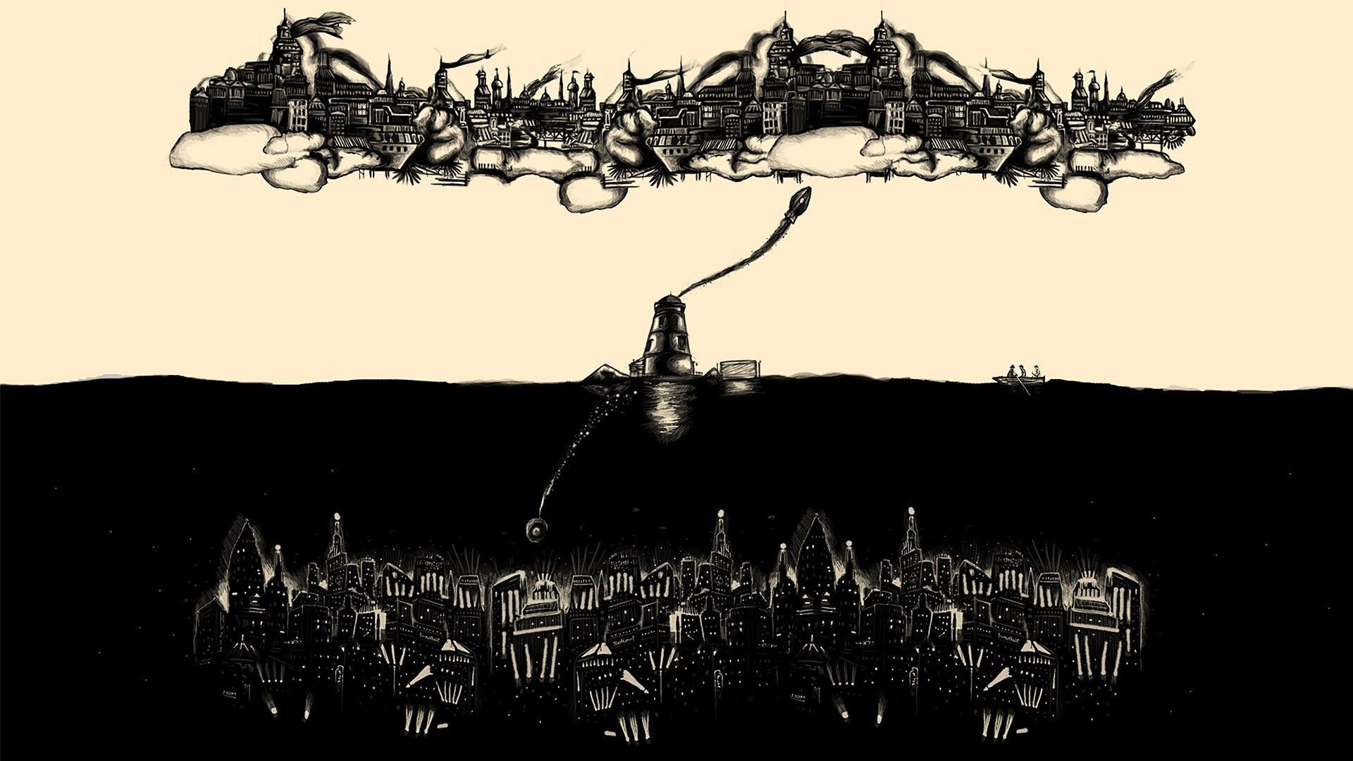 Columbia, Rapture, BioShock Infinite, Faro, Bianco e nero, Full HD 1080p, sfondo desktop