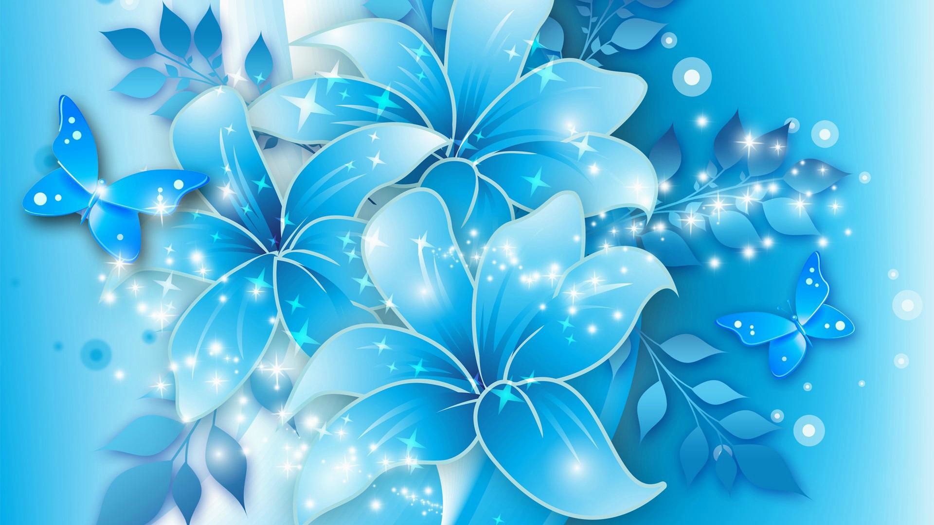 Azzurro, Gigli, Farfalle, Fiori, Scintille, Full HD, sfondo per portatile