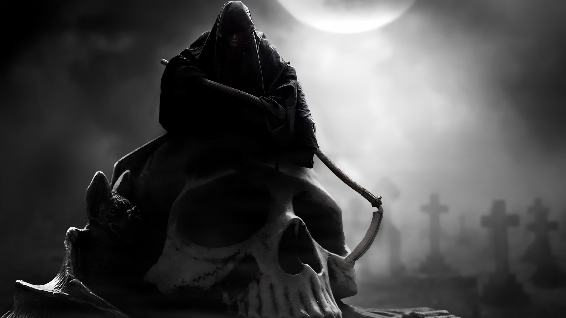 Tristo Mietitore, Teschio gigante, Cimitero, Luna, Full HD, sfondo desktop