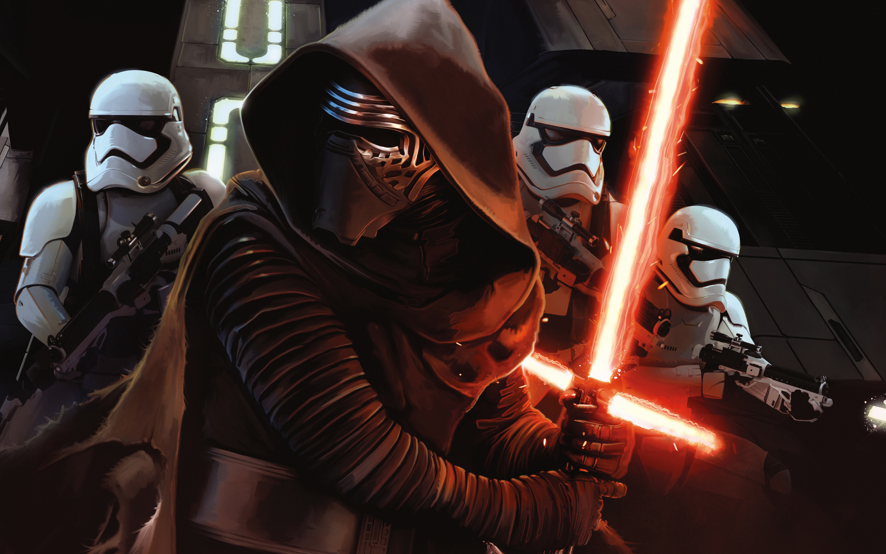 Kylo Ren, Stormtrooper, Spada laser, Star Wars: Il risveglio della Forza, sfondo 2K per PC