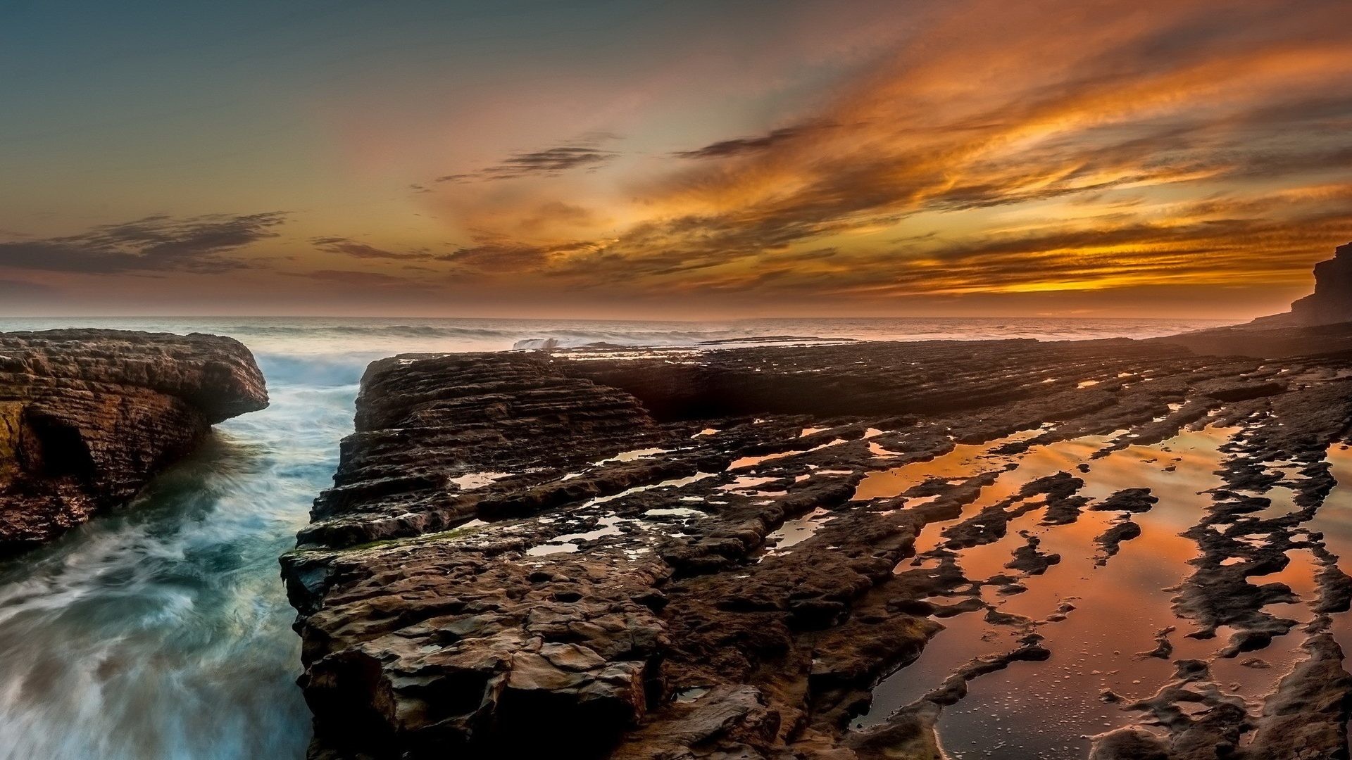 Costa rocciosa, Mare, Tramonto, Nuvole, 1920x1080, sfondo per PC