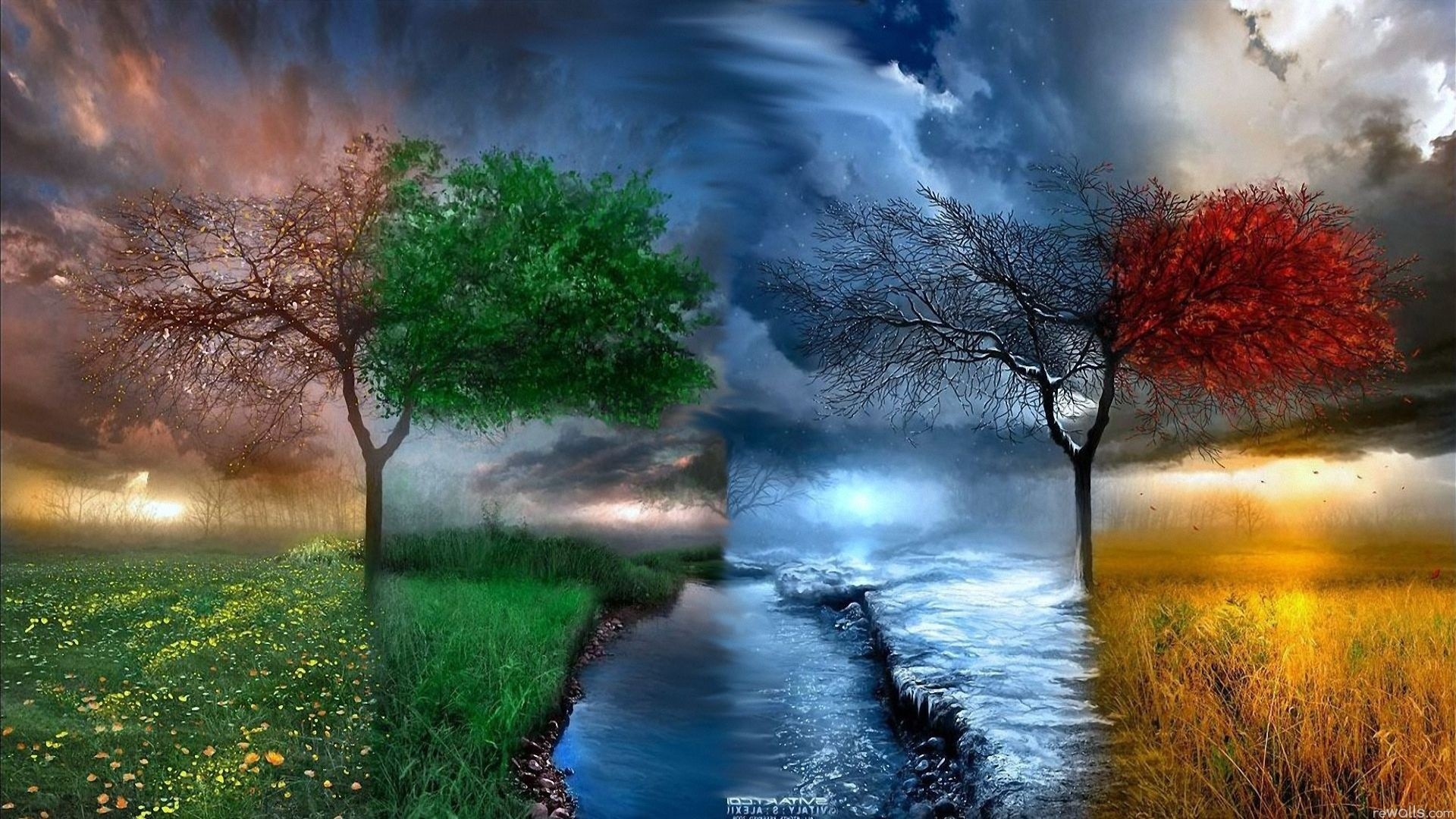 Quattro stagioni, Alberi, Paesaggio, Arte digitale, 1920x1080, sfondo per PC