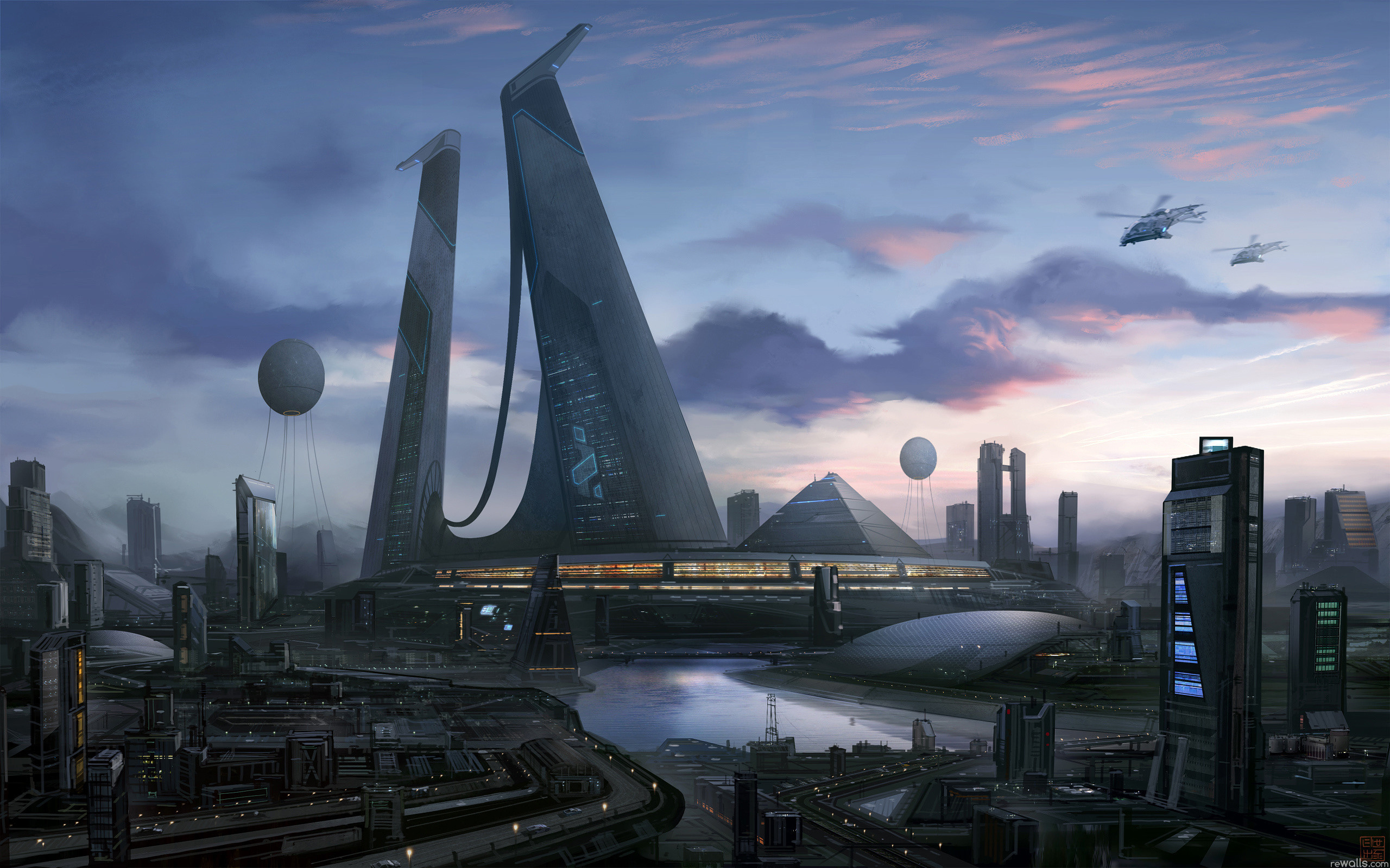 Città futuristica, Grattacieli, Dirigibili, Astronavi, 2560x1600, immagine di sfondo