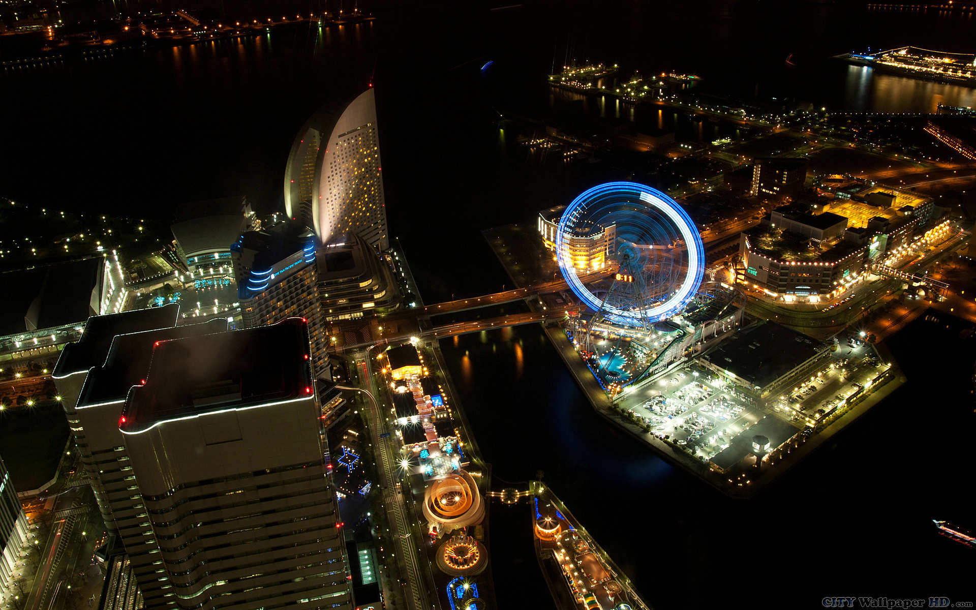 Yokohama, Minato Mirai, Ruota panoramica, Notte, Full HD, sfondo per PC