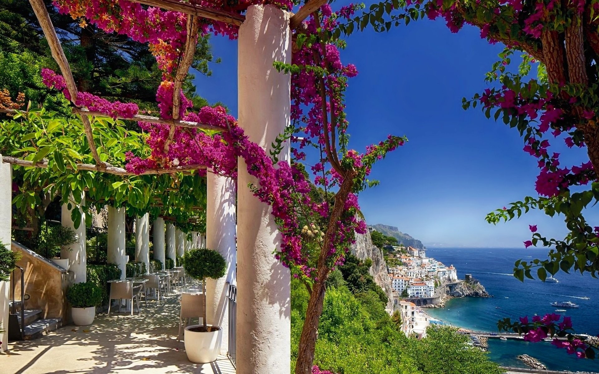 Buganvillea, Costiera Amalfitana, Pergolato, Mare, sfondo per il tuo desktop