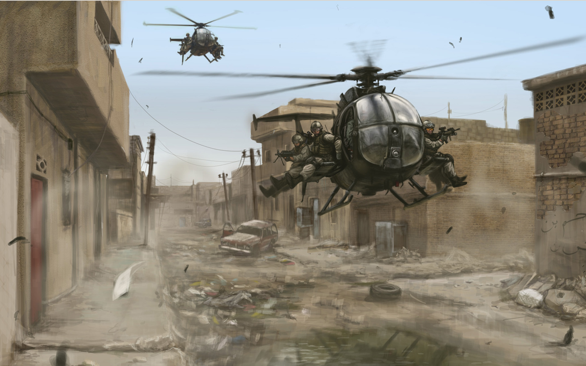 MH-6 Little Bird, Elicotteri, Città, Black Hawk Down, Strada, 16:10 Full HD, sfondo widescreen