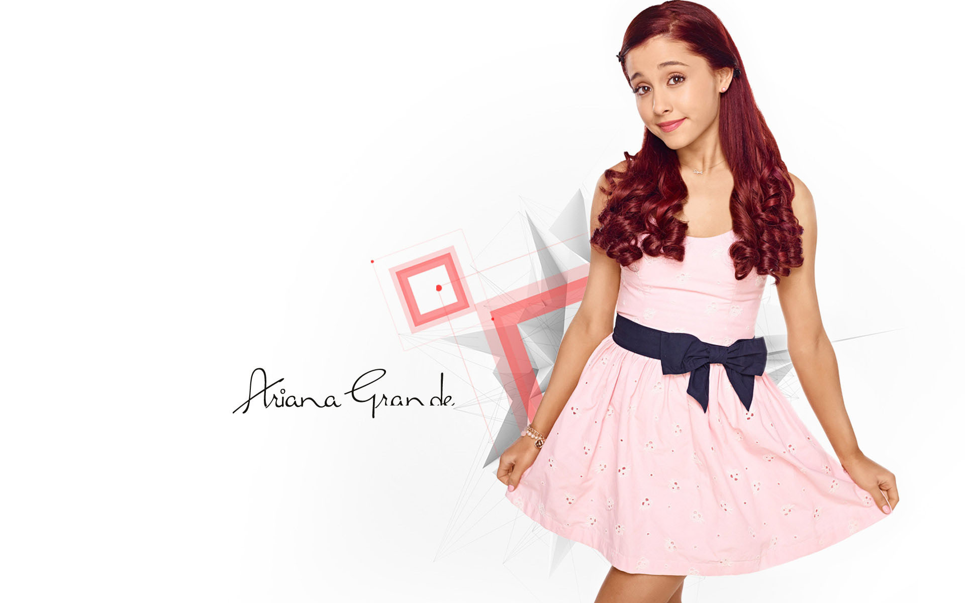 Ariana Grande, Scritta Ariana Grande, Abito rosa, Fiocco nero, Full HD, sfondo Windows 11