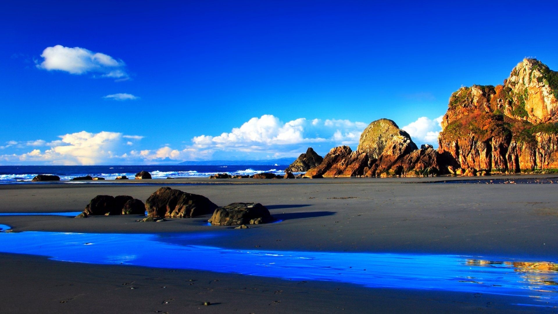 Spiaggia, Scogli, Cielo blu, Mare, Full HD, wallpaper per computer