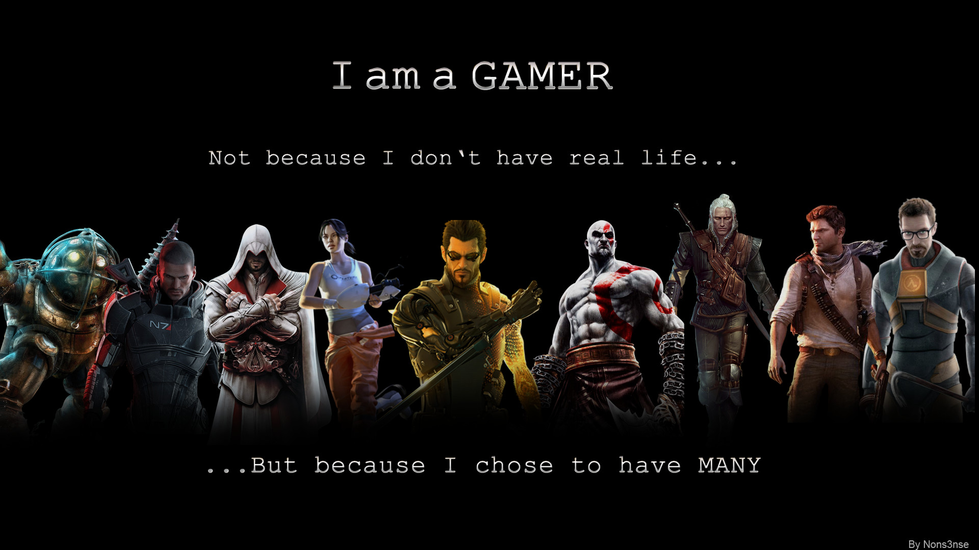 I am a Gamer, Kratos, Ezio Auditore, Geralt di Rivia, Nathan Drake, Citazione, sfondo Full HD
