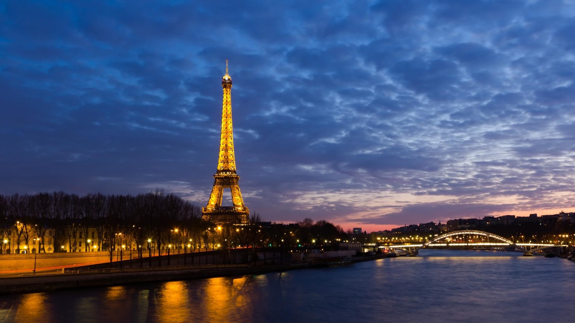 Torre Eiffel, Senna, Parigi, Crepuscolo, 16:9 Full HD, sfondo widescreen